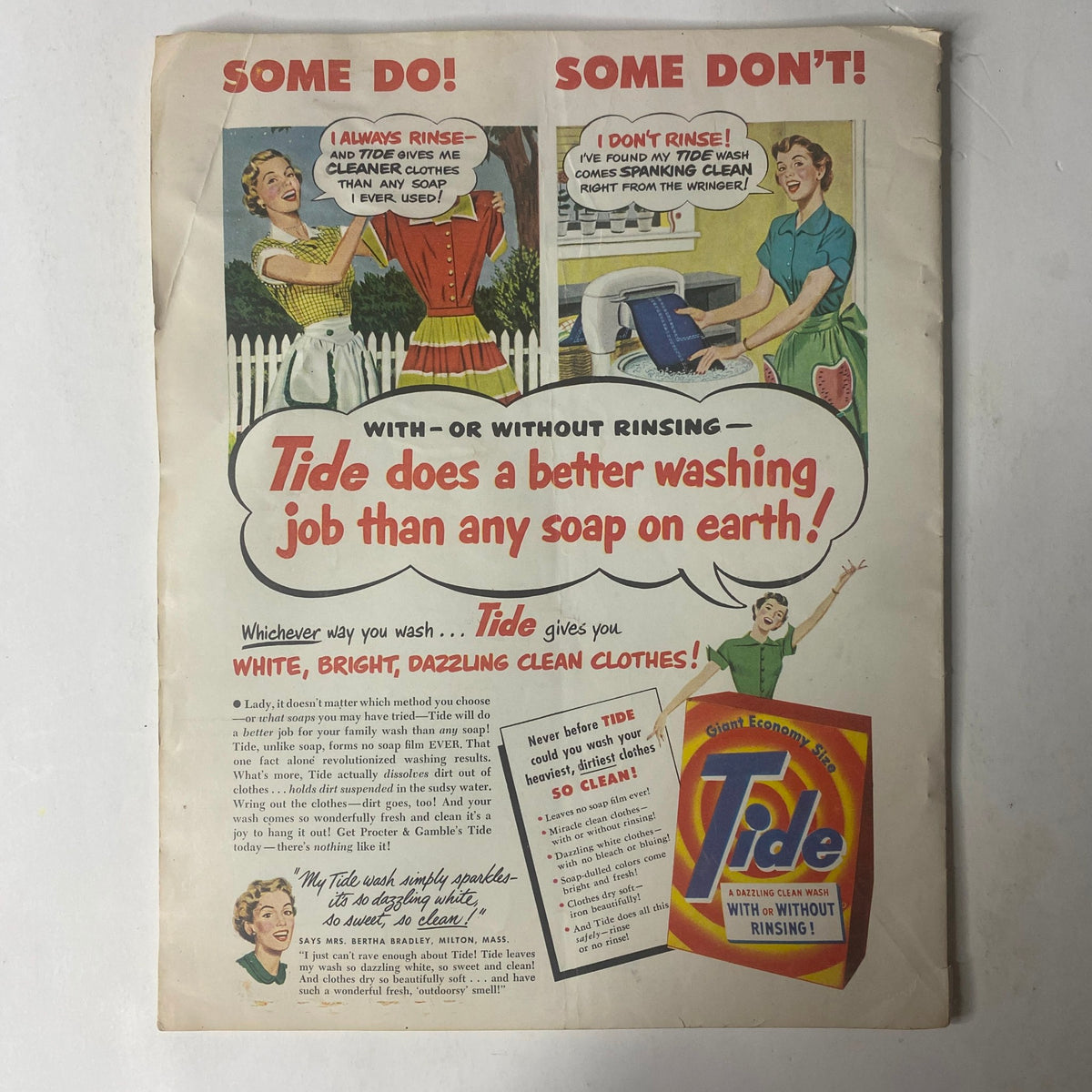 Vintage advertisement for Tide detergent in Radio and TV Mirror Magazine, promoting its washing effectiveness with the tagline 'Tide does a better washing job than any soap on earth!'. Classic Americana.