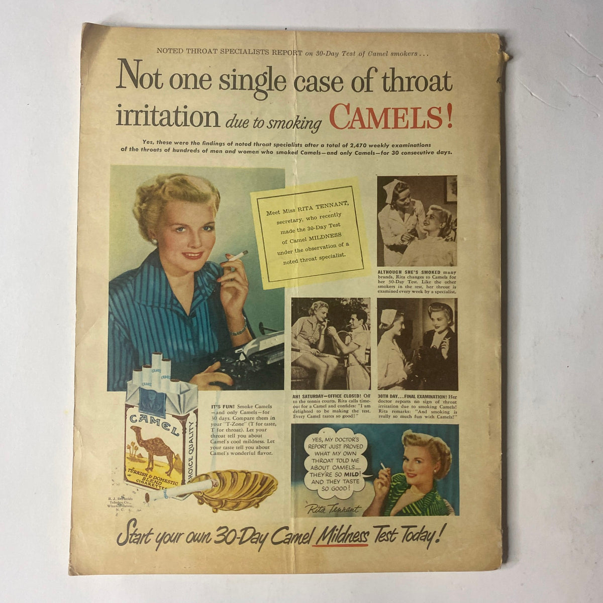 Vintage advertisement for Camel cigarettes illustrating a healthy lifestyle, featuring a woman with blonde hair, smiling and holding a cigarette. The text highlights the campaign, 'Not one single case of throat irritation due to smoking CAMELS!' and encourages readers to start their own 30-Day Camel Mildners Test. Part of Radio and TV Mirror Magazine March 1950 featuring Bill Lawrence on the cover.