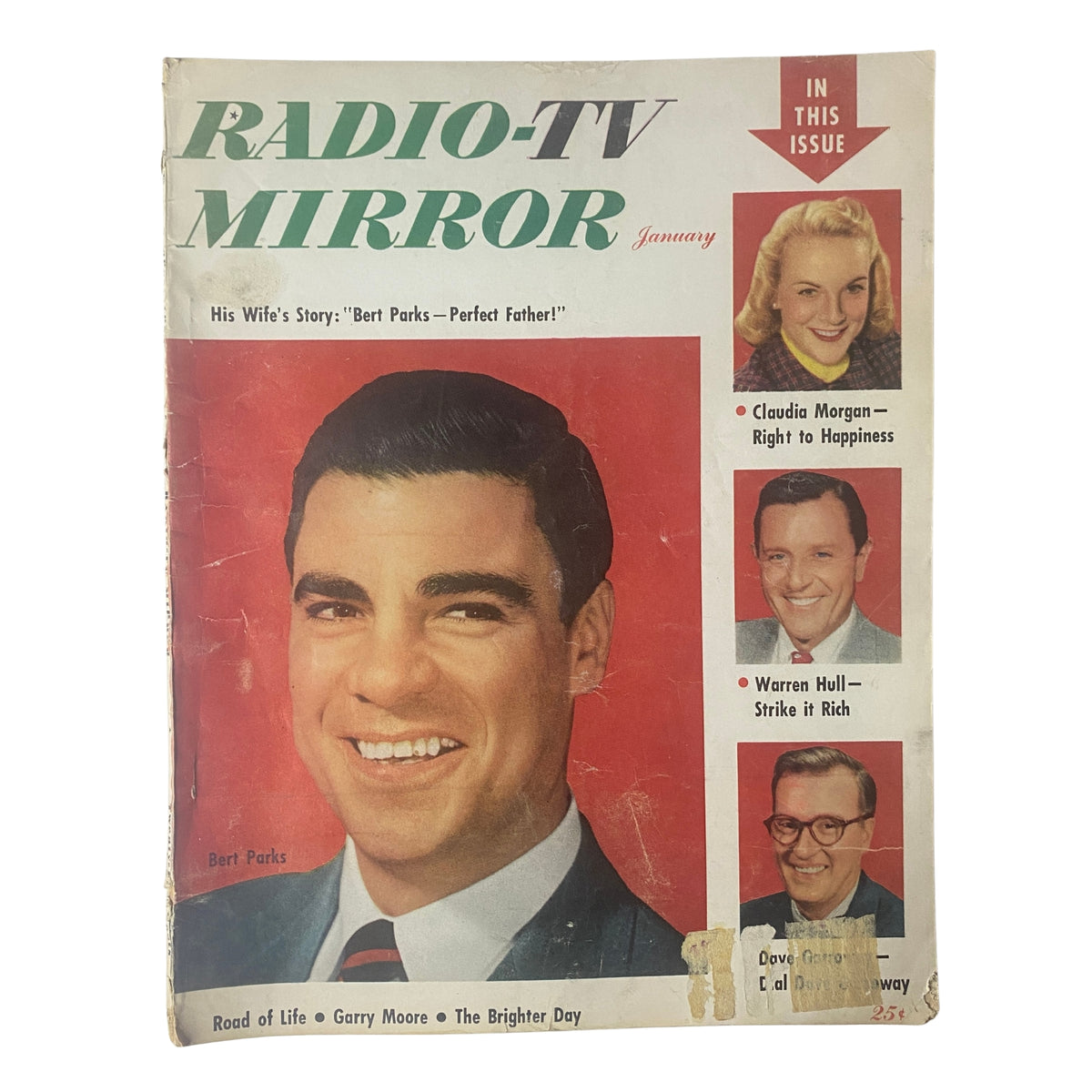 Cover of the January 1952 Radio and TV Mirror Magazine featuring Bert Parks, Claudia Morgan, and Warren Hull, showcasing the vibrant early broadcasting scene.