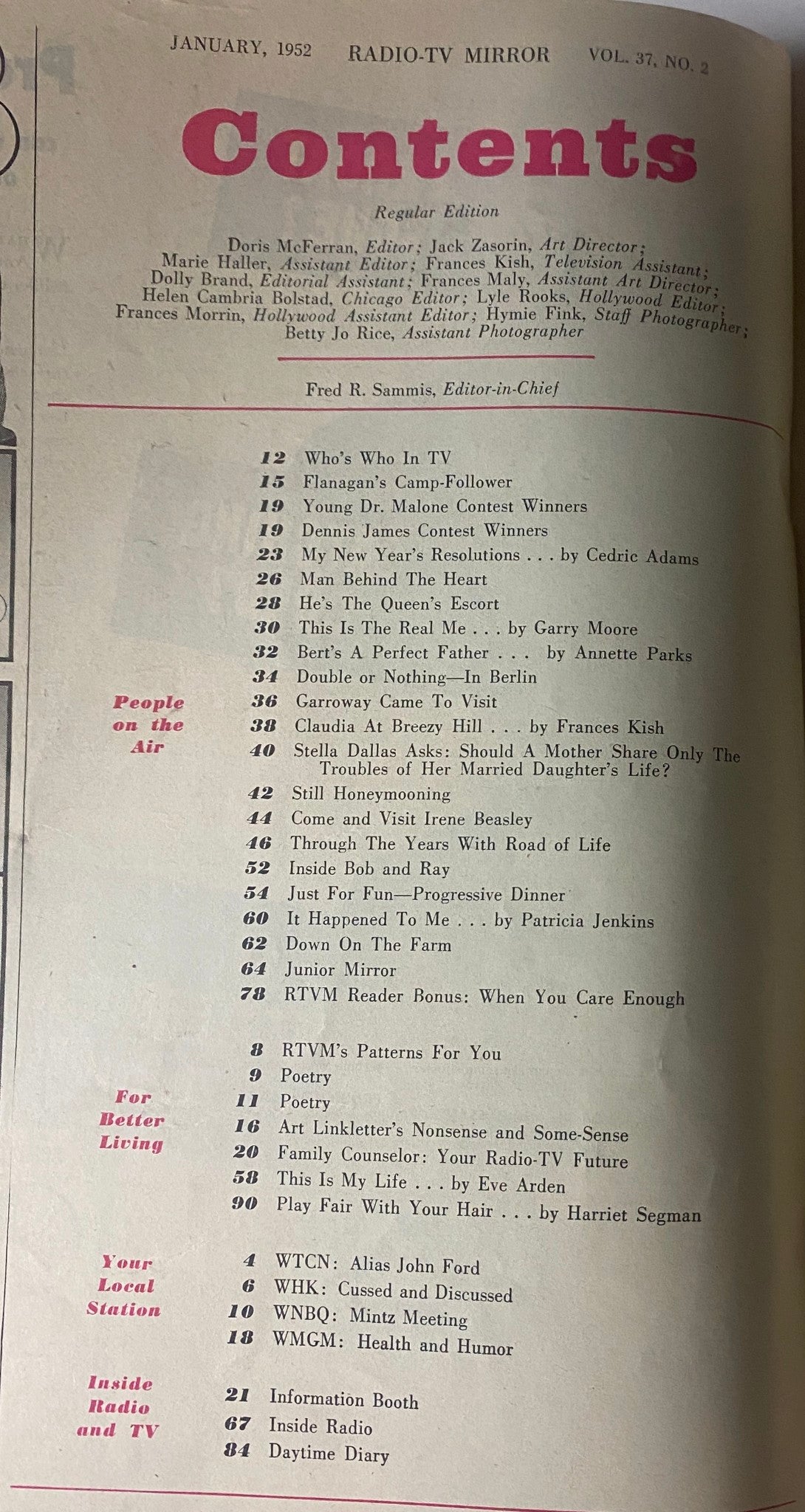 Table of contents from the January 1952 Radio and TV Mirror Magazine, detailing articles and features about prominent figures in television and radio.