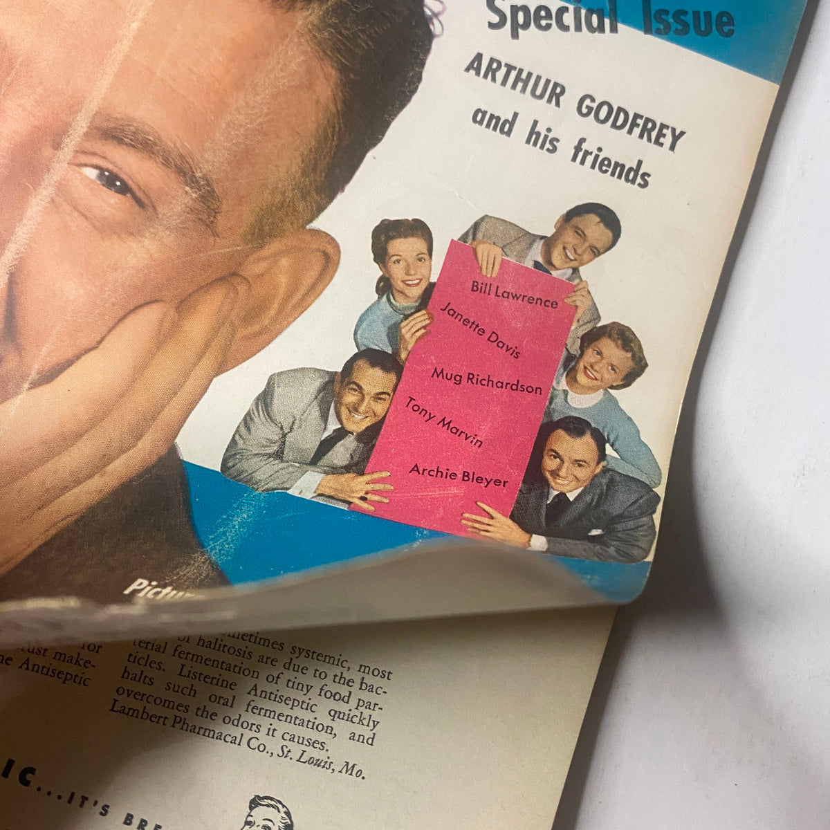 Close-up of the Radio and TV Mirror Magazine cover from July 1950, showcasing Arthur Godfrey and his friends, including Janette Davis and Bill Lawrence.