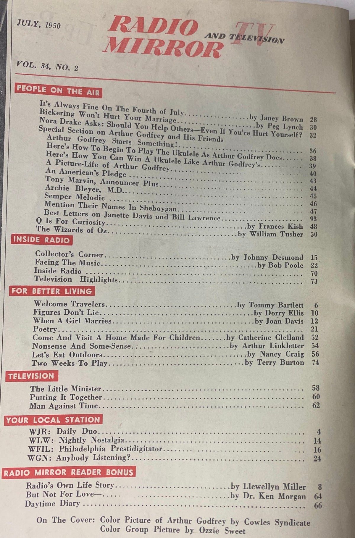Table of contents for Radio and TV Mirror Magazine, July 1950, listing articles and features including a special section on Arthur Godfrey.