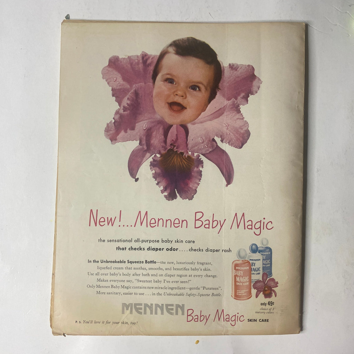 Ad for Mennen Baby Magic featuring a smiling baby with an orchid, promoting the all-purpose baby skin care product. Radio and TV Mirror Magazine – July 1950 – Arthur Godfrey, Janette Davis.