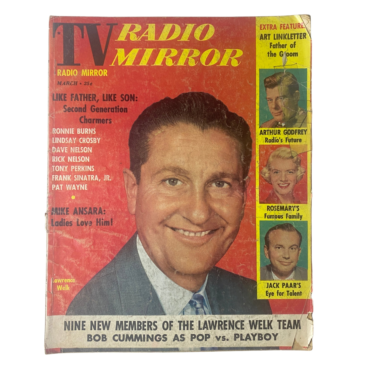 Cover of TV Radio Mirror Magazine March 1958 featuring a portrait of Mike Ansara, articles about Arthur Godfrey, Lindsey Crosby, and pop culture highlights from the era. The magazine has visible wear and is in acceptable condition.