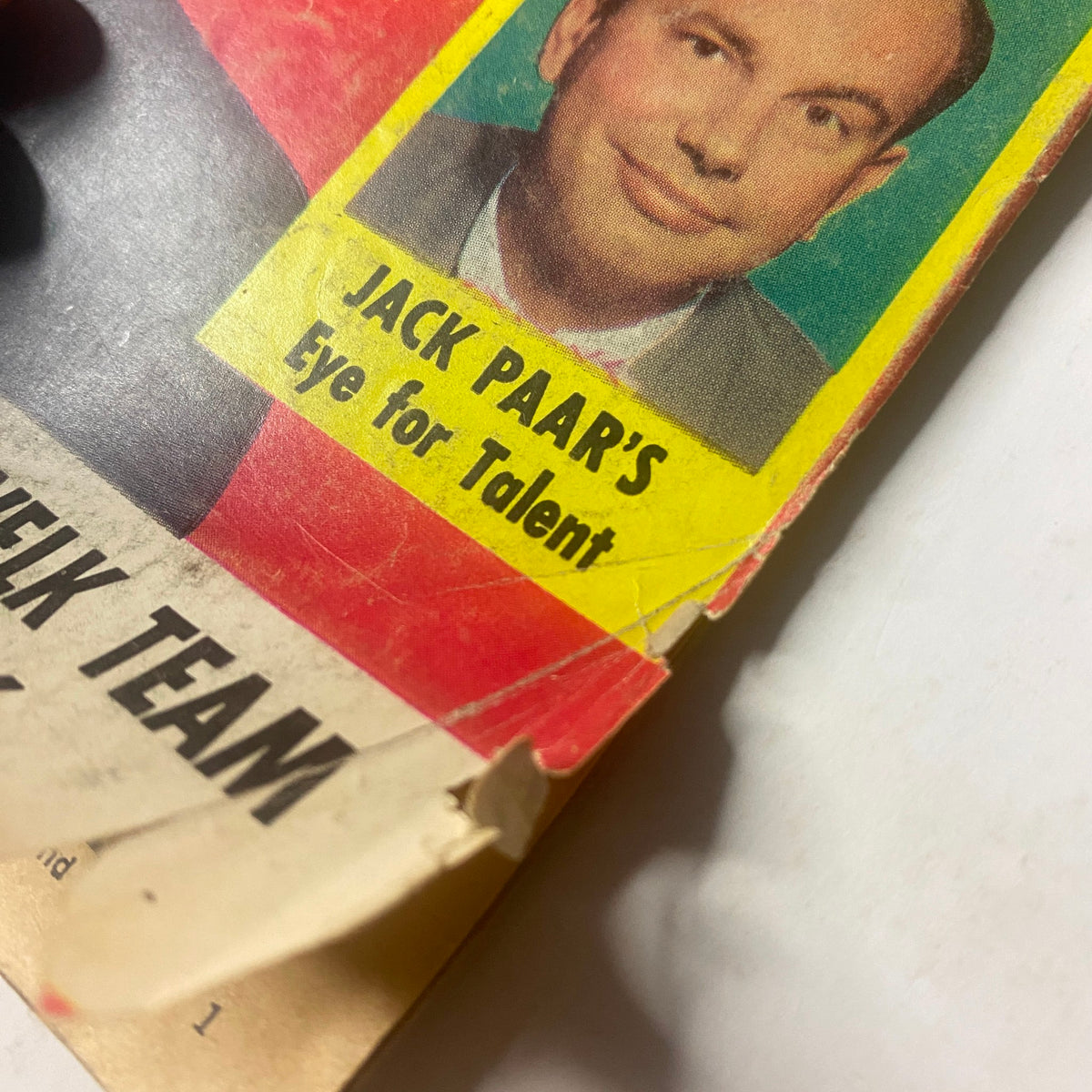 Close-up of the TV Radio Mirror Magazine March 1958 showing a segment featuring Jack Paar with the text 'Jack Paar's Eye for Talent', highlighting his contributions to television during that era.