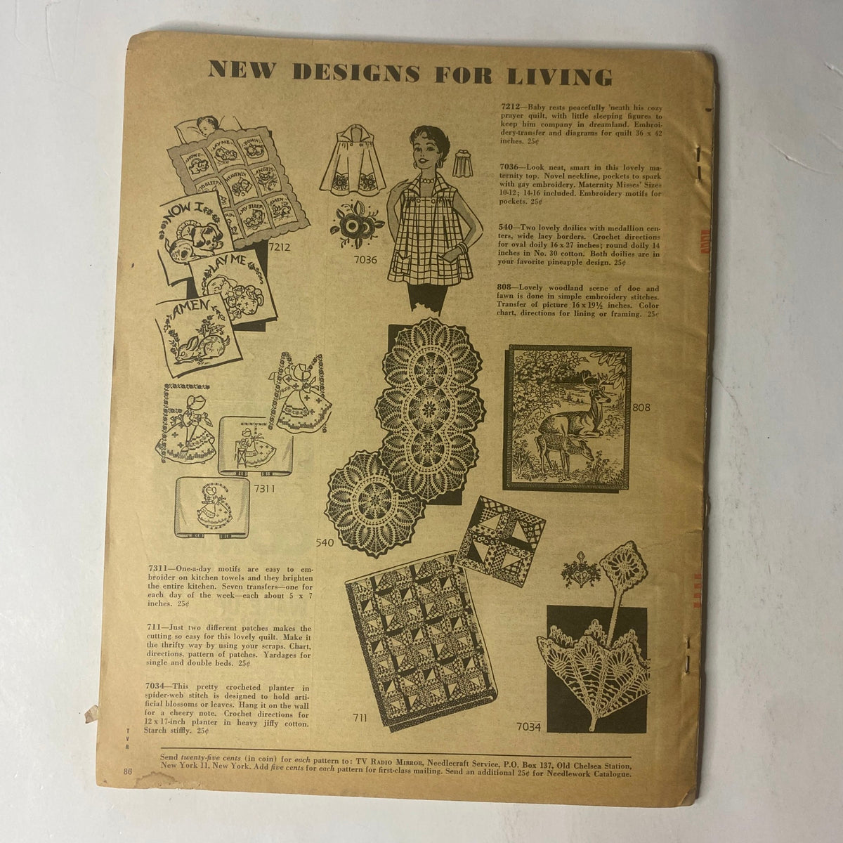Back page of TV Radio Mirror Magazine March 1958 showcasing new designs for living, with illustrations and patterns featured inside the magazine.