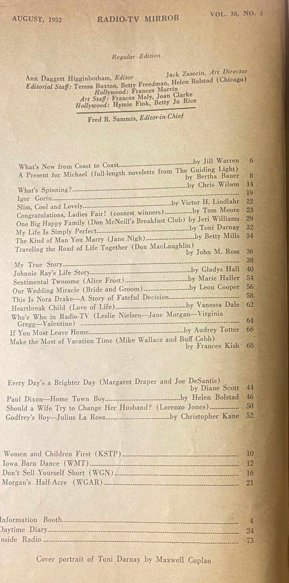 Table of Contents page from Radio-TV Mirror Magazine August 1952 listing articles and features including Johnnie Ray's Life Story and Audrey Totter's sections.