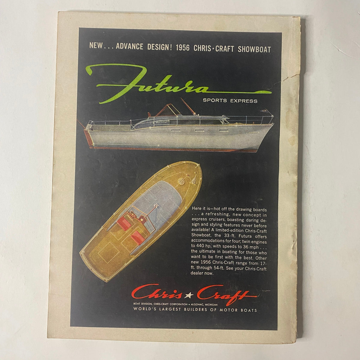Advertisement for Chris-Craft boats on the back cover of Field & Stream Magazine, March 1956, introducing the new Futura sports express model.