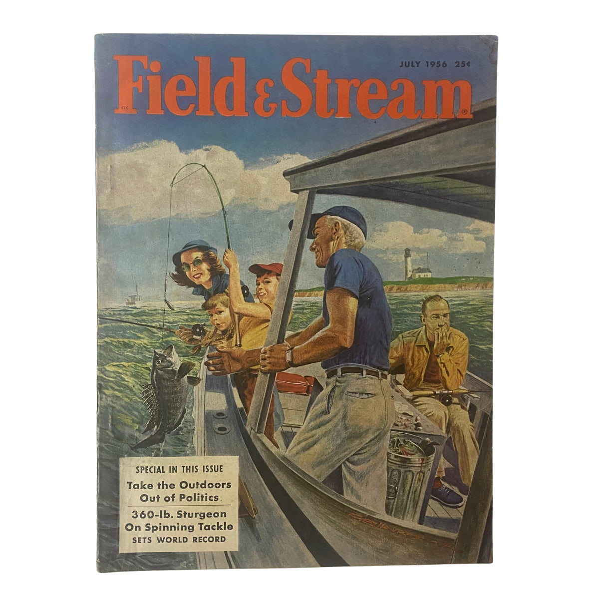 Cover of Field & Stream Magazine, July 1956, featuring the title 'Take the Outdoors Out of Politics'. The magazine showcases a fishing scene with men on a boat, highlighting a world record catch.