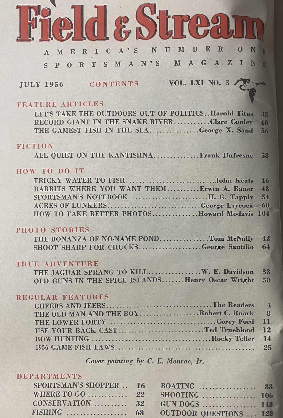 Contents page of Field & Stream Magazine, July 1956, detailing feature articles including 'Let’s Take the Outdoors Out of Politics' and other outdoor-related topics.