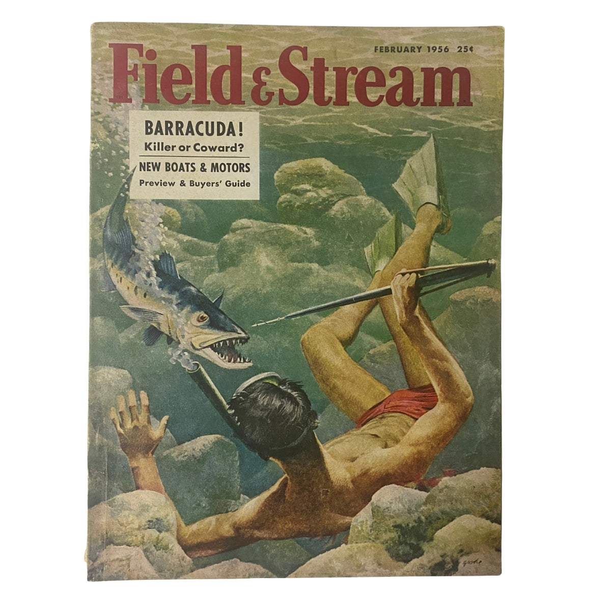 Field & Stream Magazine cover from February 1956 featuring the title 'Barracuda! Killer or Coward?' showcasing an underwater scene with a diver poised to capture a barracuda.
