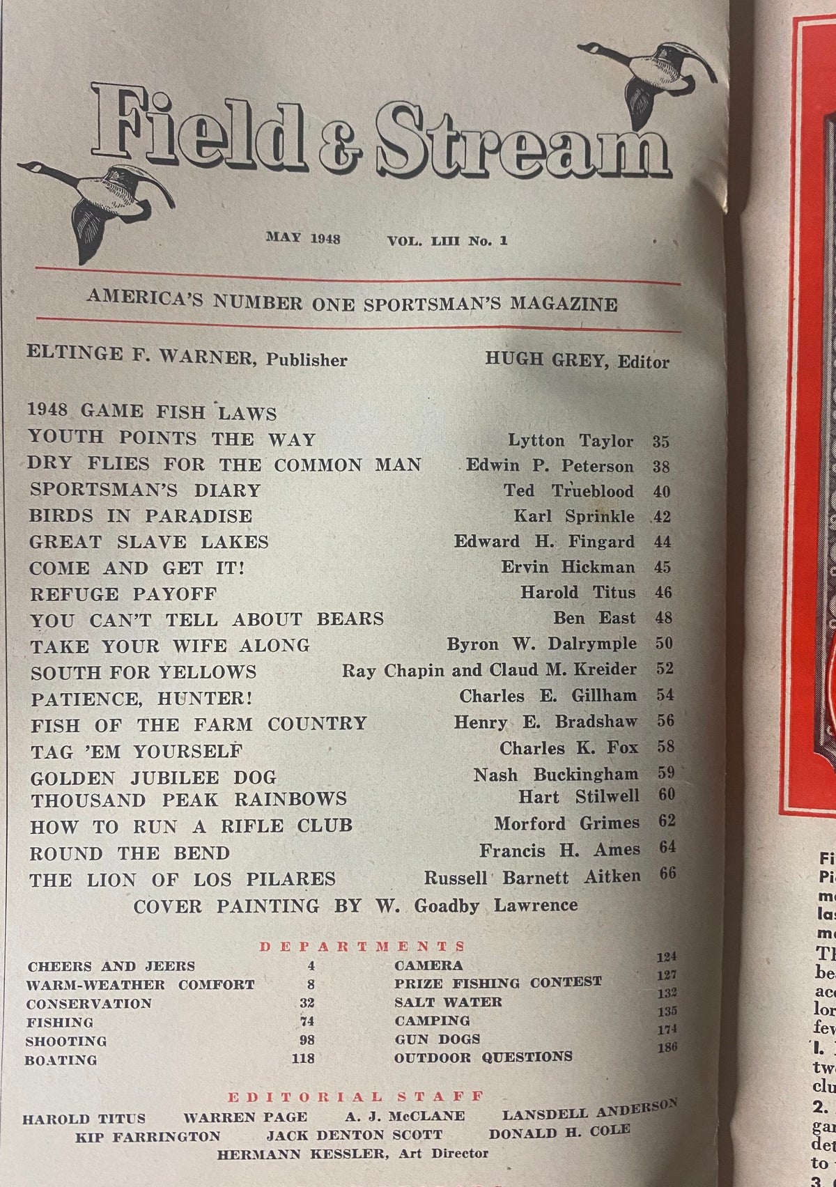 Contents page of Field & Stream Magazine May 1948 highlighting articles including 'Refuge Payoff' by Harold Titus and other outdoor-themed features.