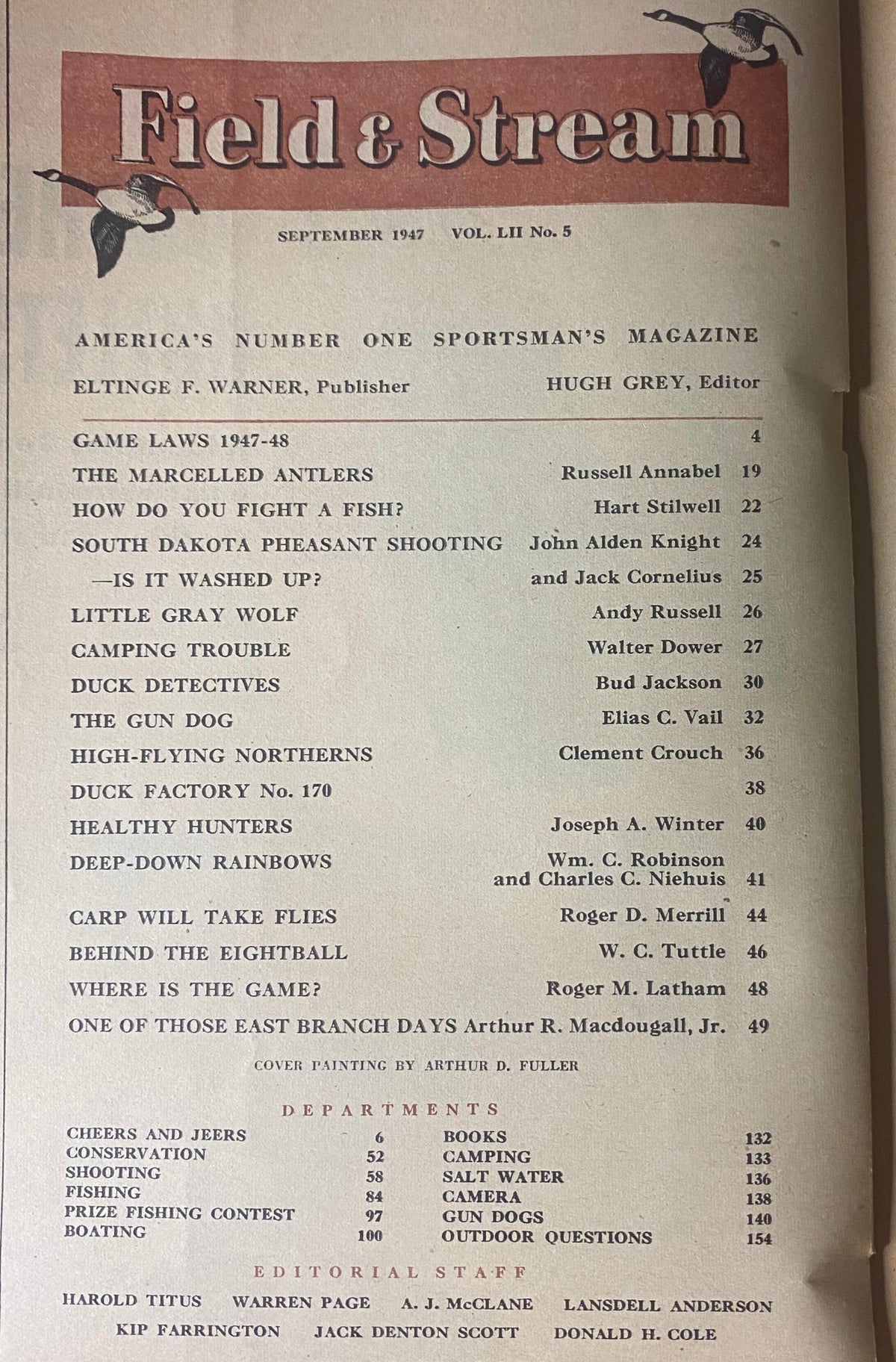 Table of contents page from Field & Stream Magazine September 1947, listing articles including 'Game Laws 1947-48' and other features, under the title 'The New Game Laws 1947 - 1948'.