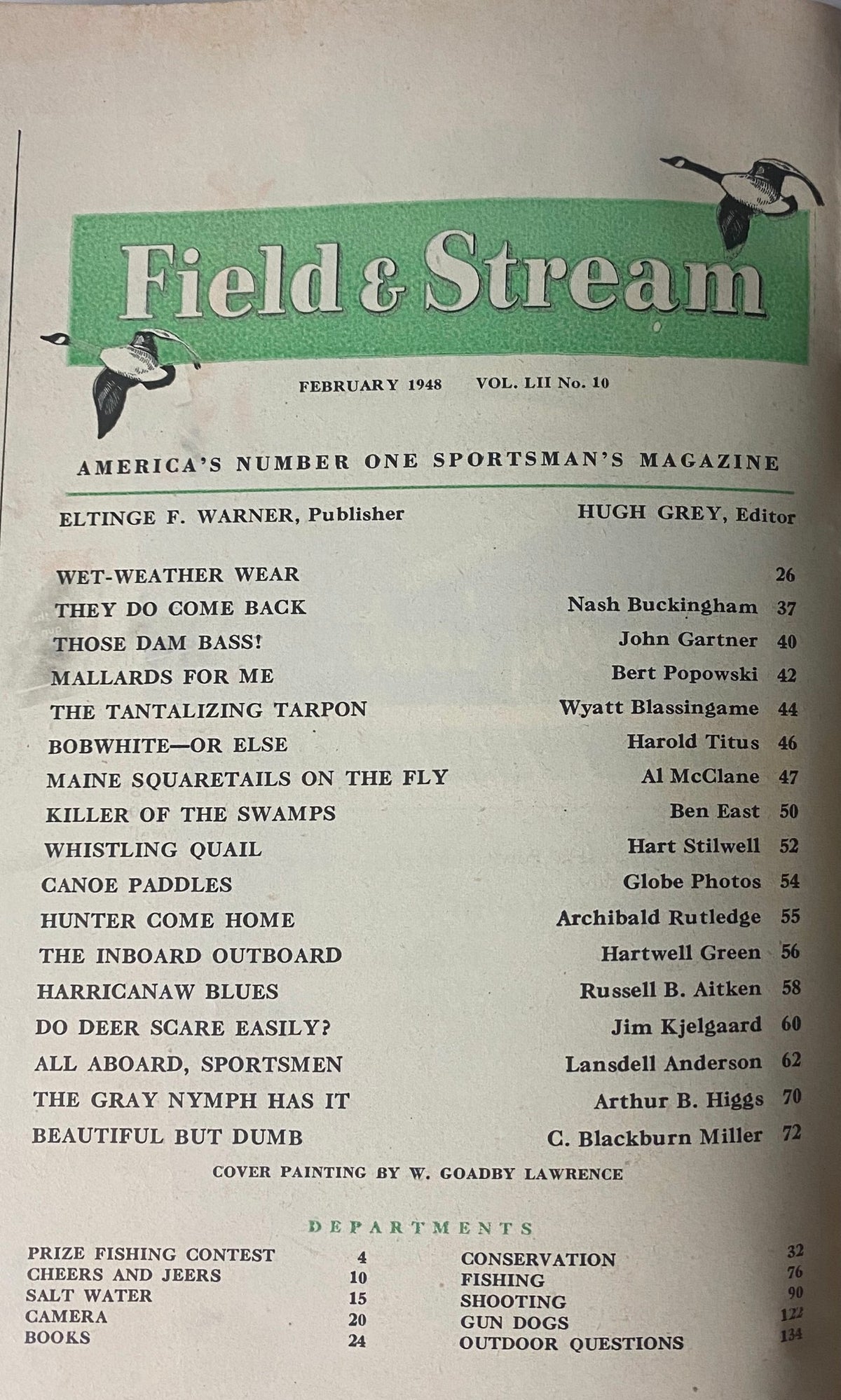 Field & Stream Magazine February 1948 Special Boating Issue table of contents listing featured articles by various authors.