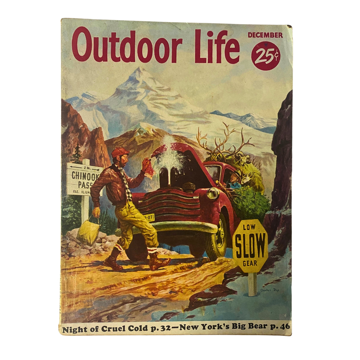 Cover of Outdoor Life Magazine, December 1955, featuring a snowy landscape, a vintage car, and a man dressed in outdoor gear pouring snow out of a thermos, titled 'Night of Cruel Cold'.