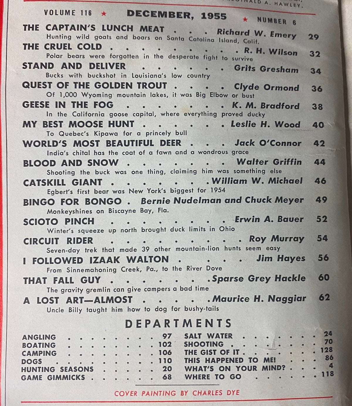 Table of contents page from Outdoor Life Magazine, December 1955, detailing featured articles such as 'The Captain's Lunch Meat' and 'The Cruel Cold'.