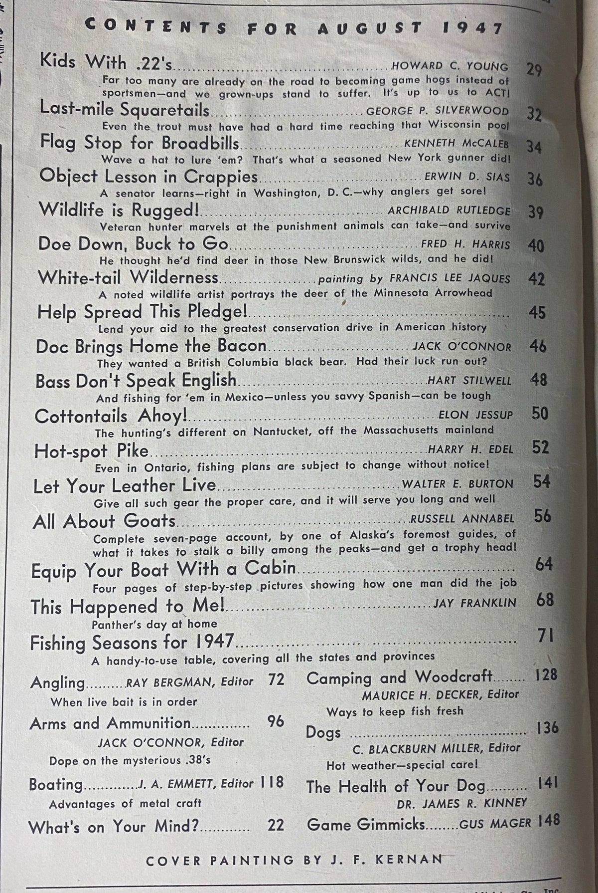 Table of contents for Outdoor Life Magazine, August 1947. This page lists various feature articles ranging from fishing tips to wildlife conservation, and includes notable contributors such as Howard C. Young and Jack O’Connor. The cover painting is credited to J. F. Kernan.