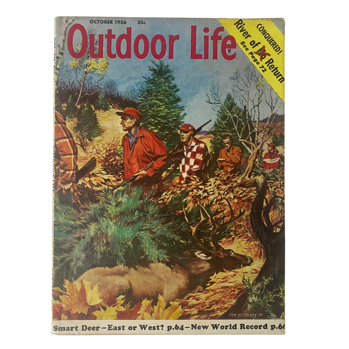 Cover of Outdoor Life Magazine, October 1956, featuring the title 'Smart Deer – East or West?' with a vivid illustration of hunters and deer in a natural setting, showcasing an exciting blend of outdoor life and hunting themes.