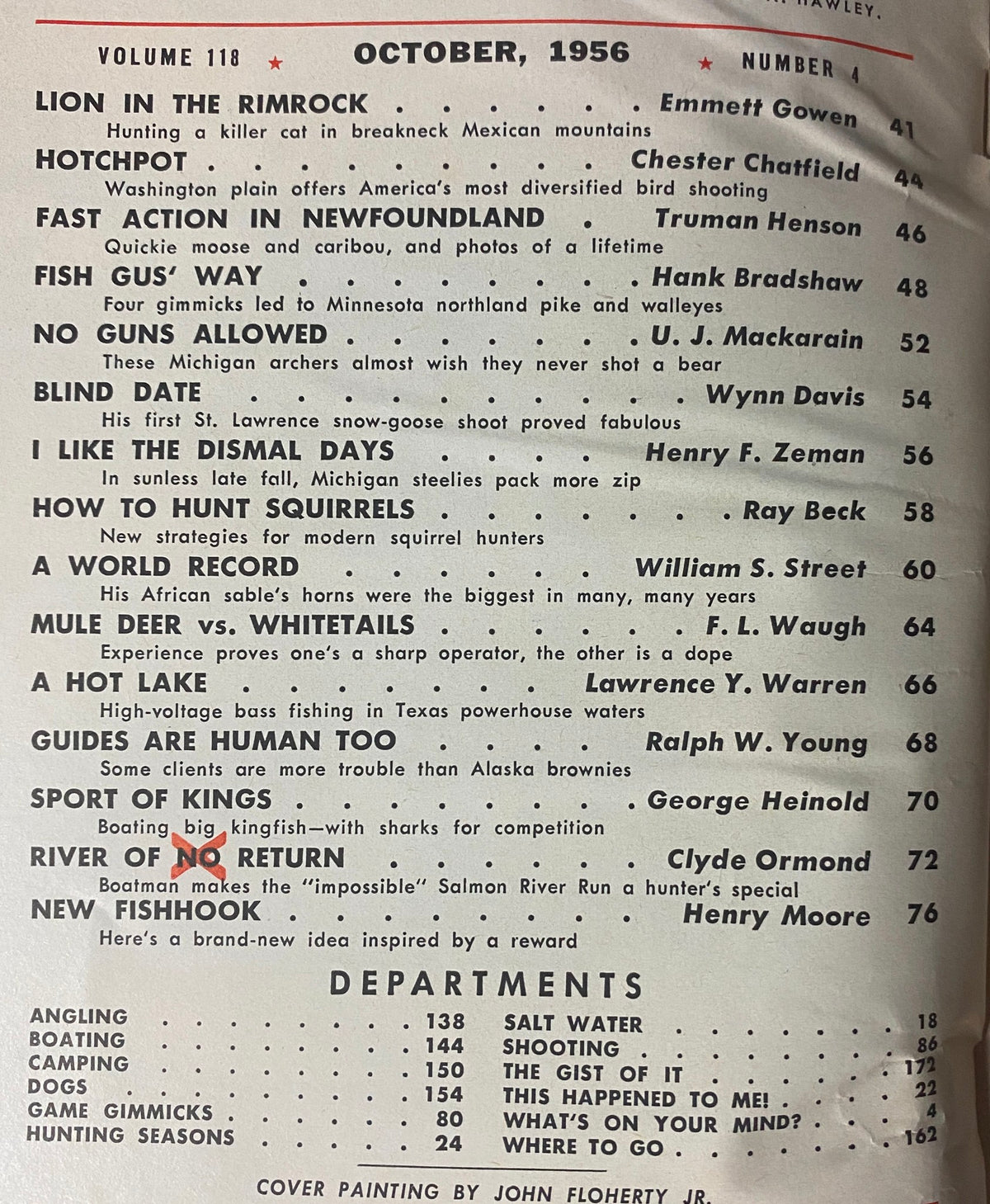Outdoor Life Magazine October 1956 Smart Deer - East or West? No Label. Features a Table of Contents including articles like 'Lion in the Rimrock' and 'Mule Deer vs. Whitetails.' Vintage magazine showcasing outdoor adventures, hunting, and fishing tips.