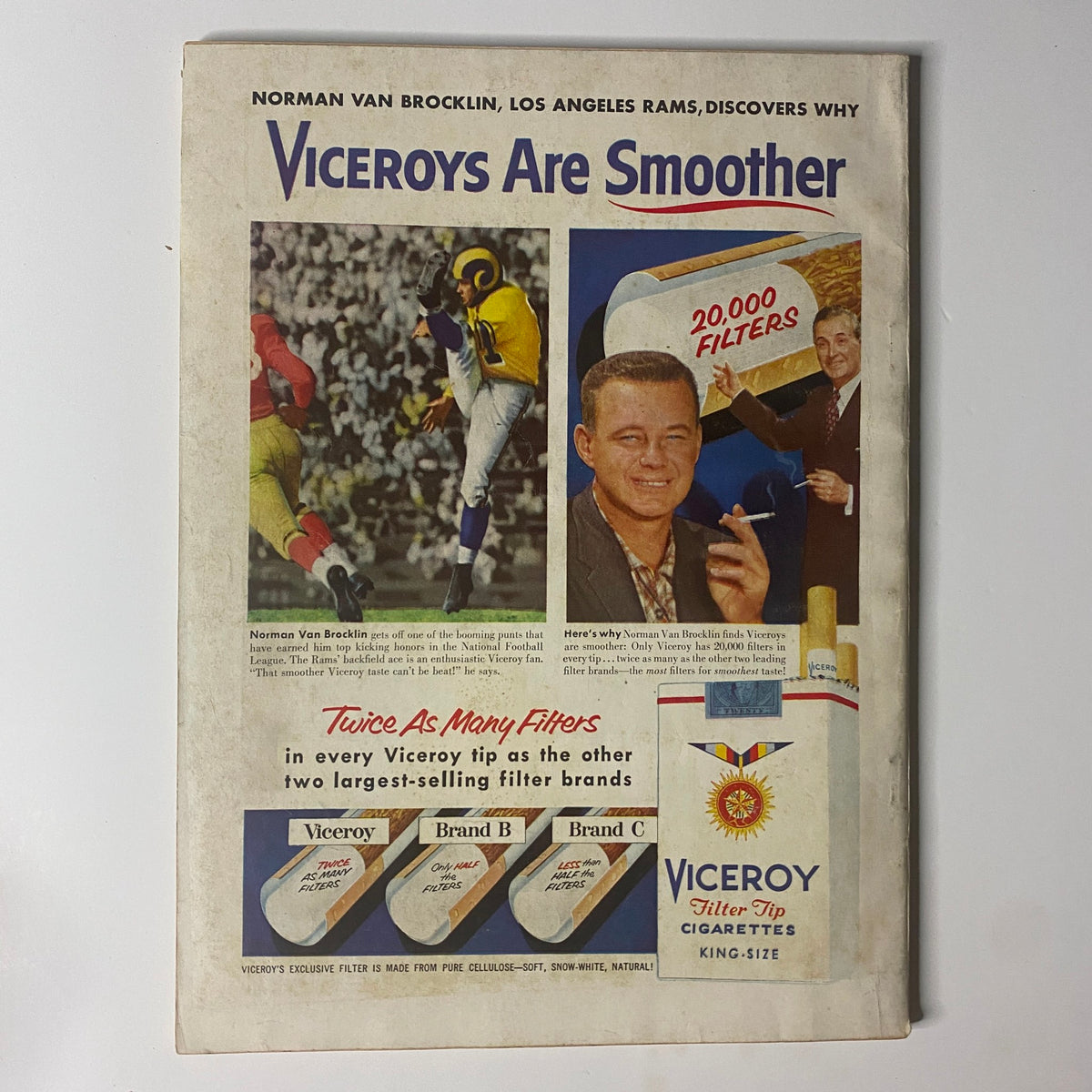 Outdoor Life Magazine October 1956 Smart Deer - East or West? No Label. Back cover advertisement for Viceroy cigarettes featuring Norman Van Brocklin, a professional football player. Highlights promotional content and classic cigarette branding.