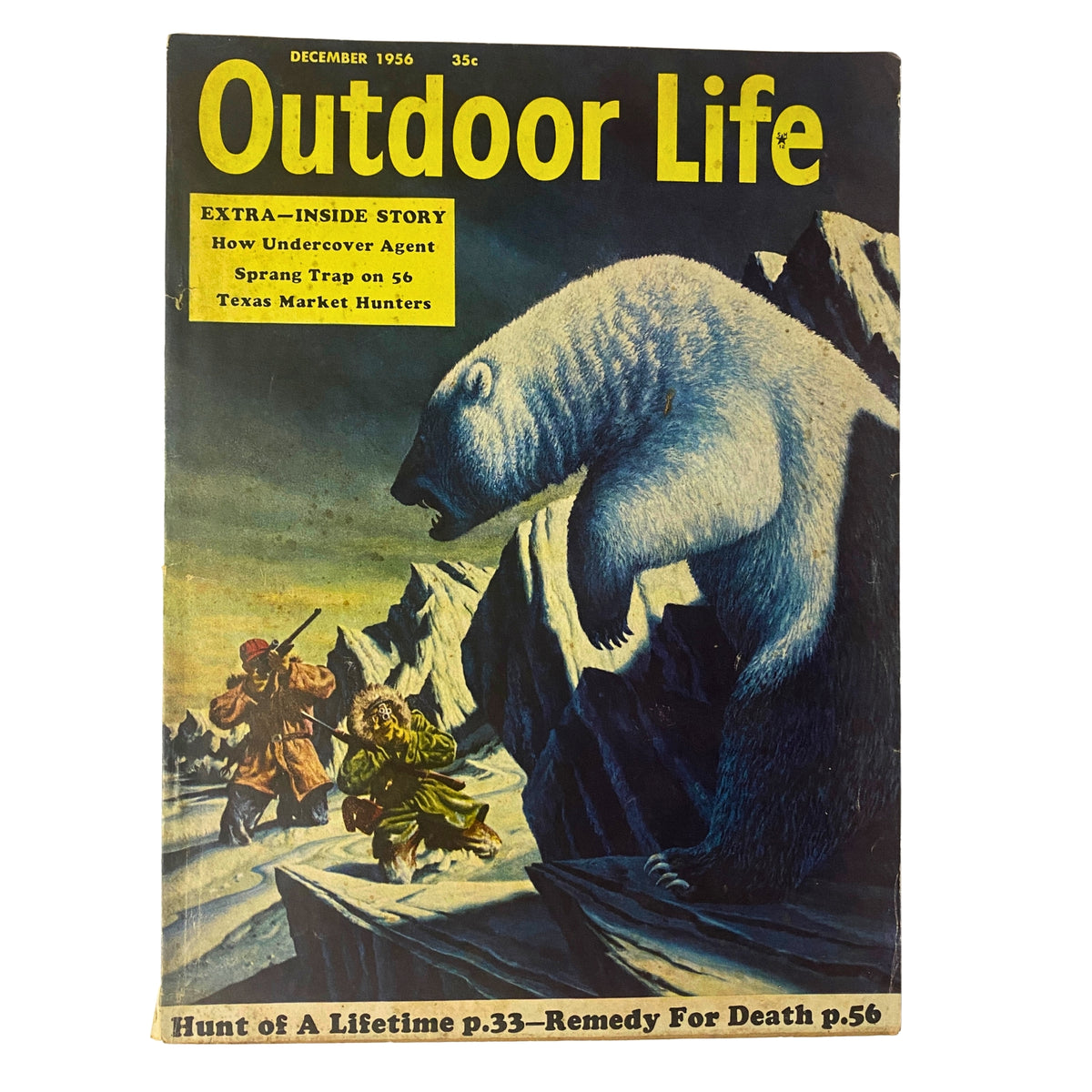 Outdoor Life Magazine cover from December 1956 featuring a polar bear and a hunting scene, titled 'Hunt of a Lifetime'.