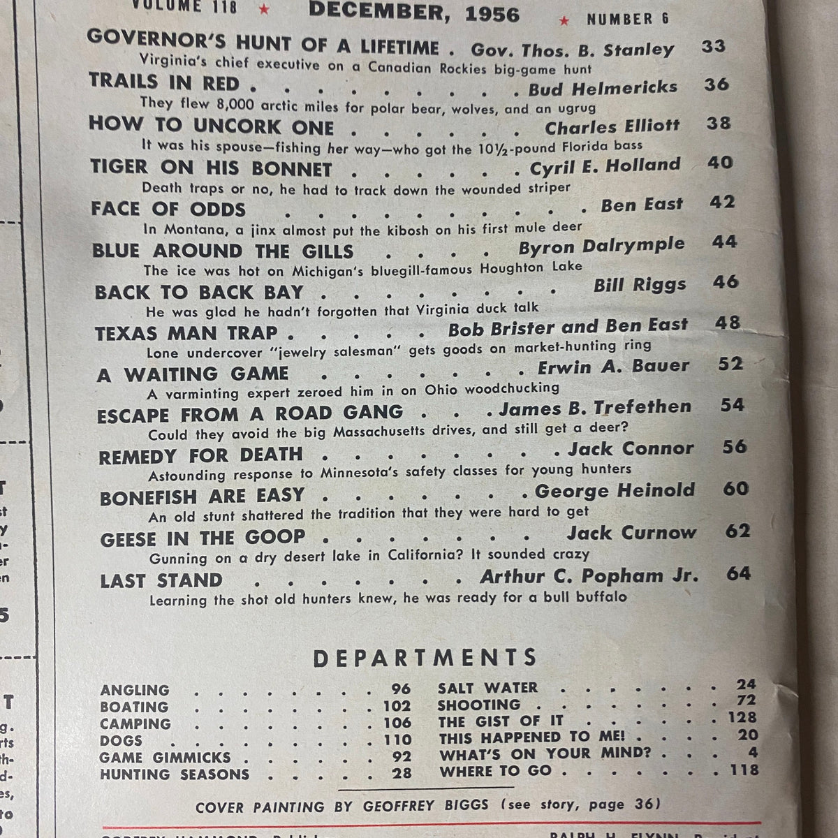 Interior page from Outdoor Life Magazine December 1956 displaying the Table of Contents, highlighting feature articles including 'Governor’s Hunt of a Lifetime'.