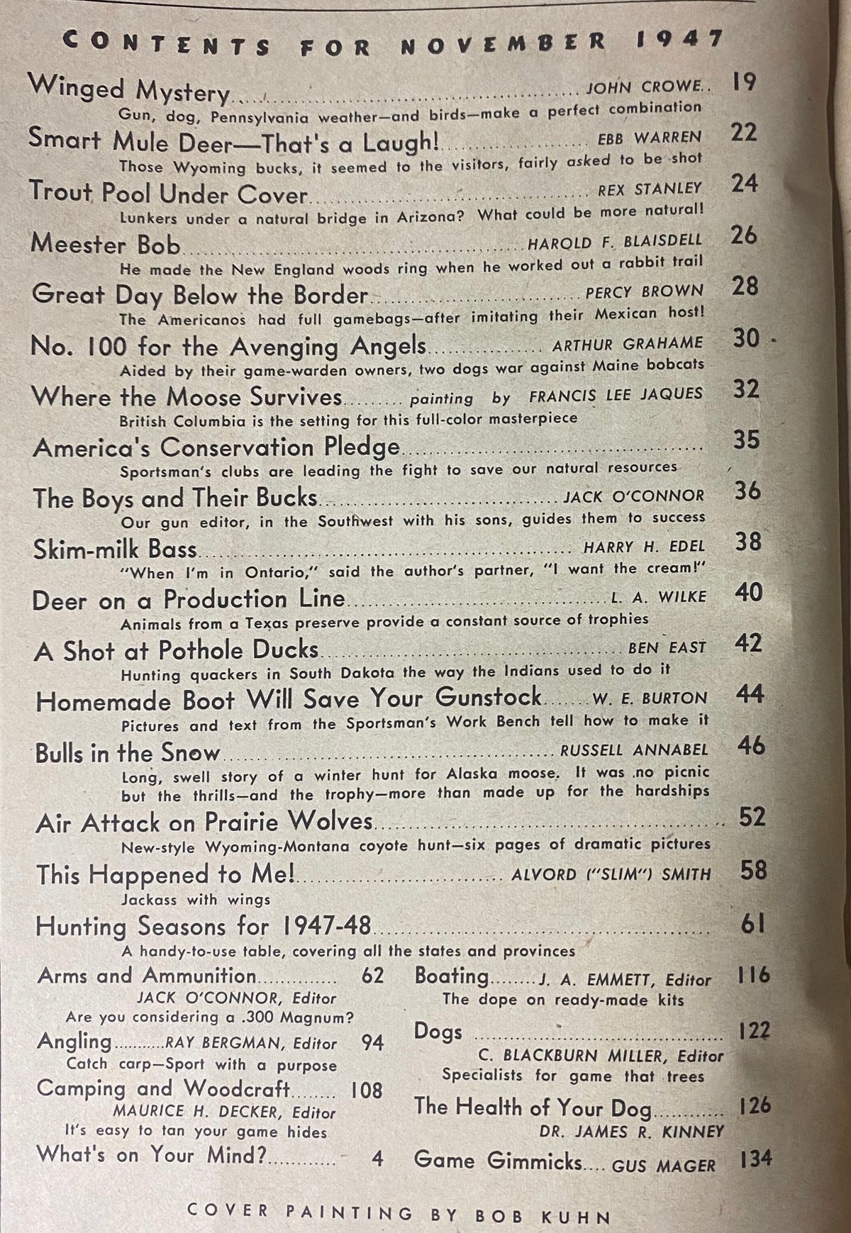 Table of contents page from Outdoor Life Magazine November 1947, listing feature articles and topics relevant to outdoor sports and conservation.
