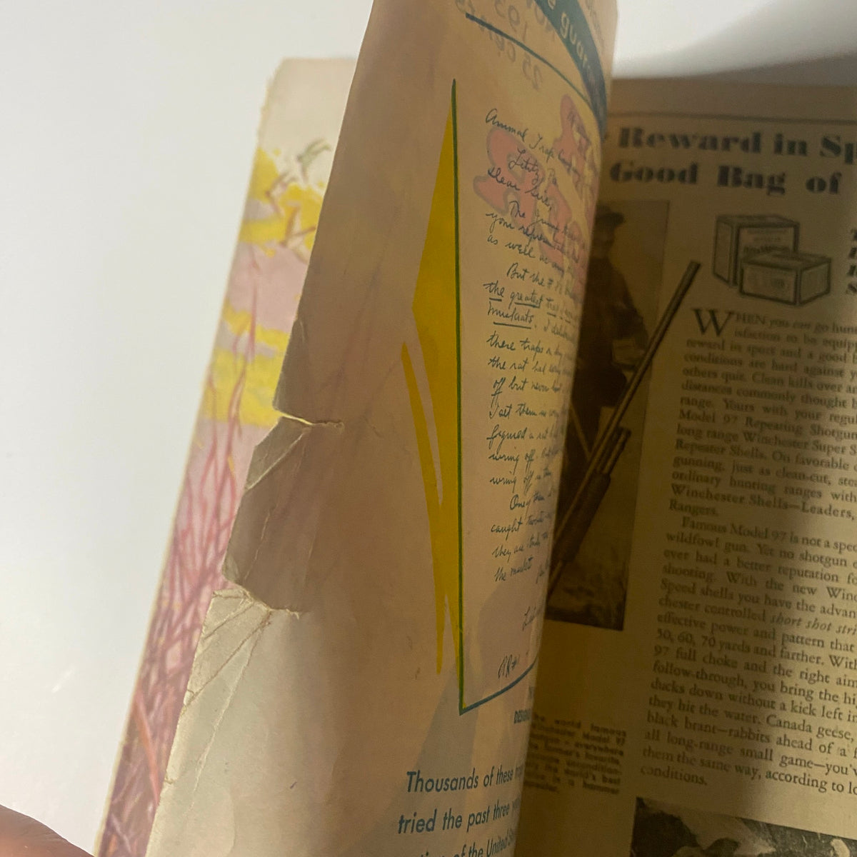 Hunter-Trader-Trapper Magazine November 1934, showing a page with vibrant colors and handwritten notes, capturing the essence of vintage outdoor literature.