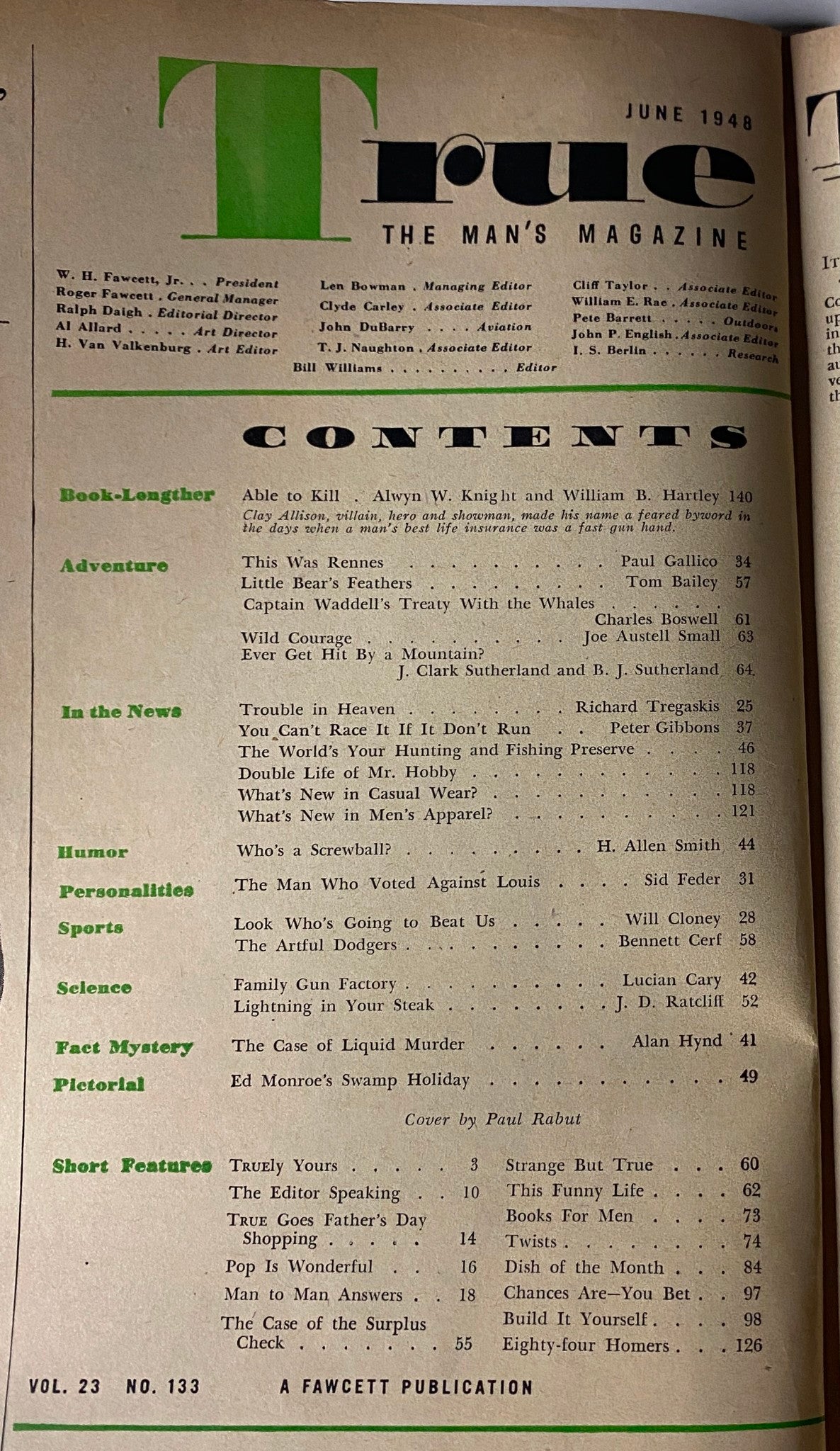 Contents page from True: The Man's Magazine, June 1948 Special Father's Day Issue, listing features including 'Able to Kill' and articles on adventure, humor, and sports.