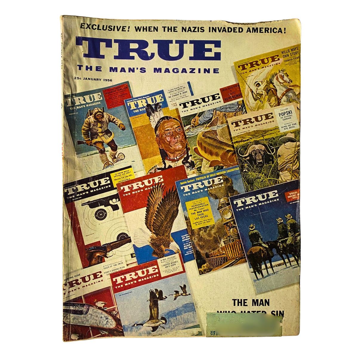 Cover of True: The Man's Magazine January 1956 featuring the headline 'When the Nazis Invaded America' with illustrations of historical events and various topics.