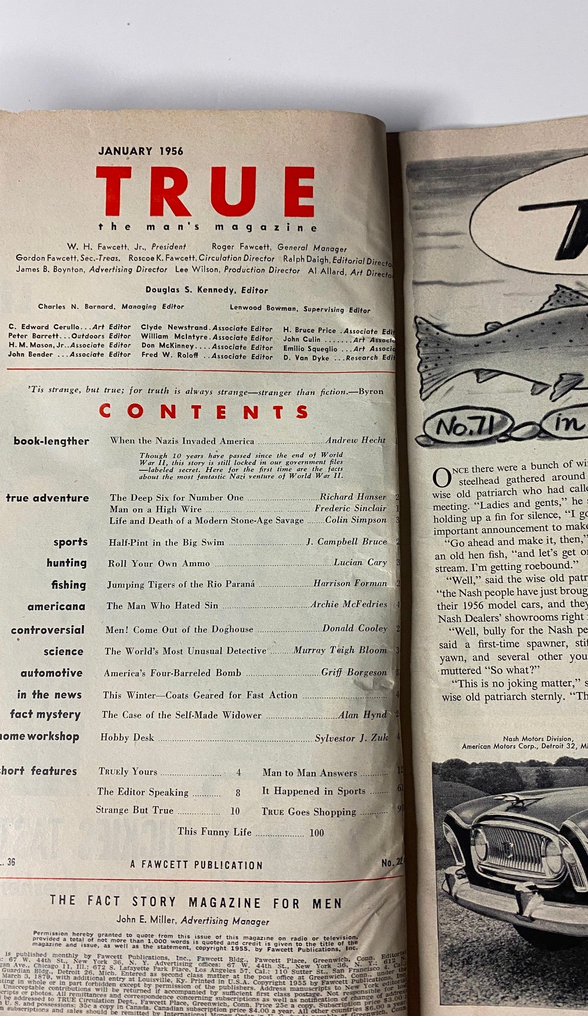 Interior page of True: The Man's Magazine January 1956 displaying the table of contents including the main feature 'When the Nazis Invaded America' and segments on sports and adventure.