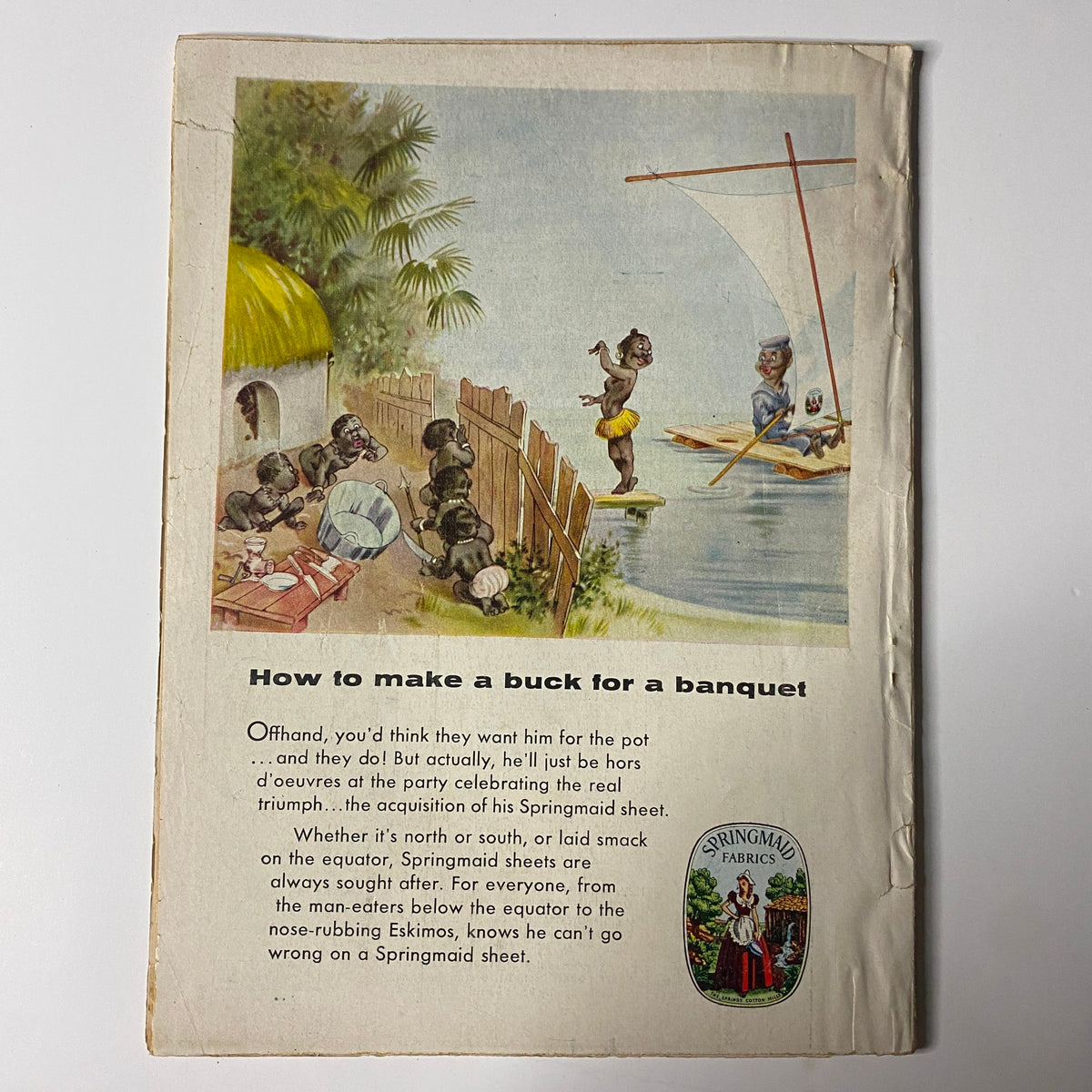 Back cover of True: The Man's Magazine January 1956 featuring an illustrated advertisement on how to make a buck for a banquet, emphasizing Springmaid sheets.