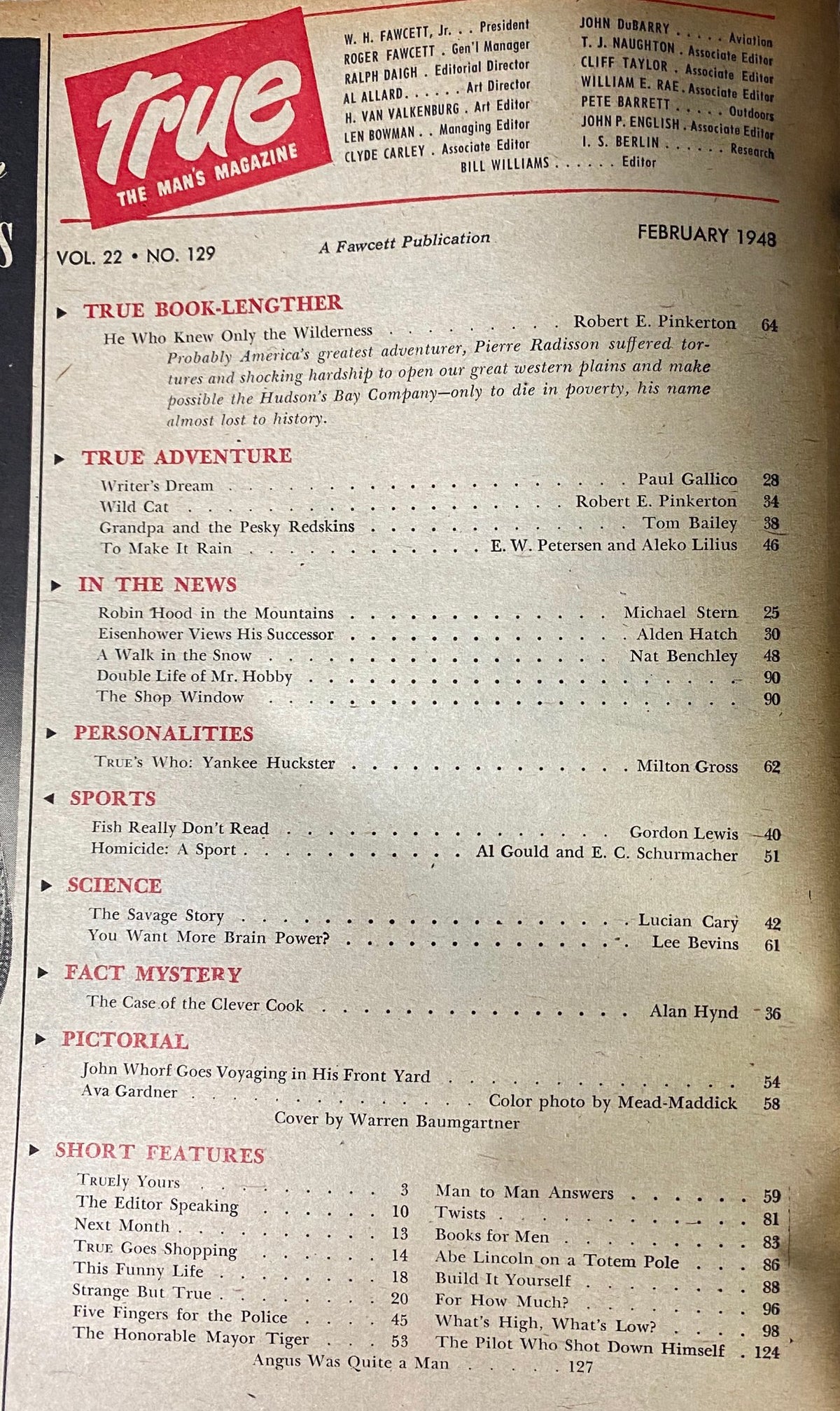 Table of contents for True: The Man's Magazine February 1948 listing various articles including Paul Gallico's adventure story.