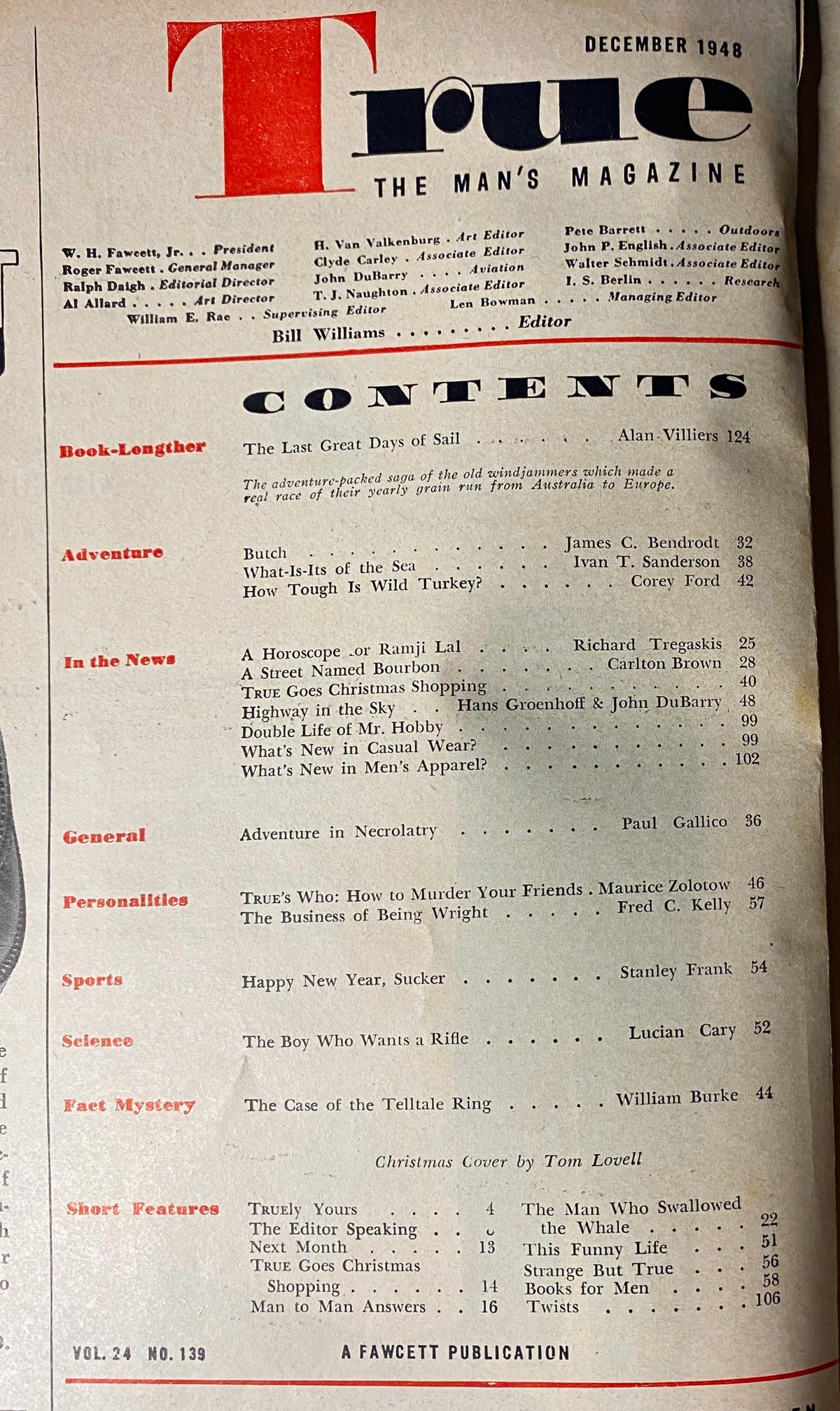 Table of Contents from True: The Man's Magazine, December 1948 Christmas Gift Issue, listing articles including 'The Last Great Days of Sail' by Alan Villiers and holiday-themed features.