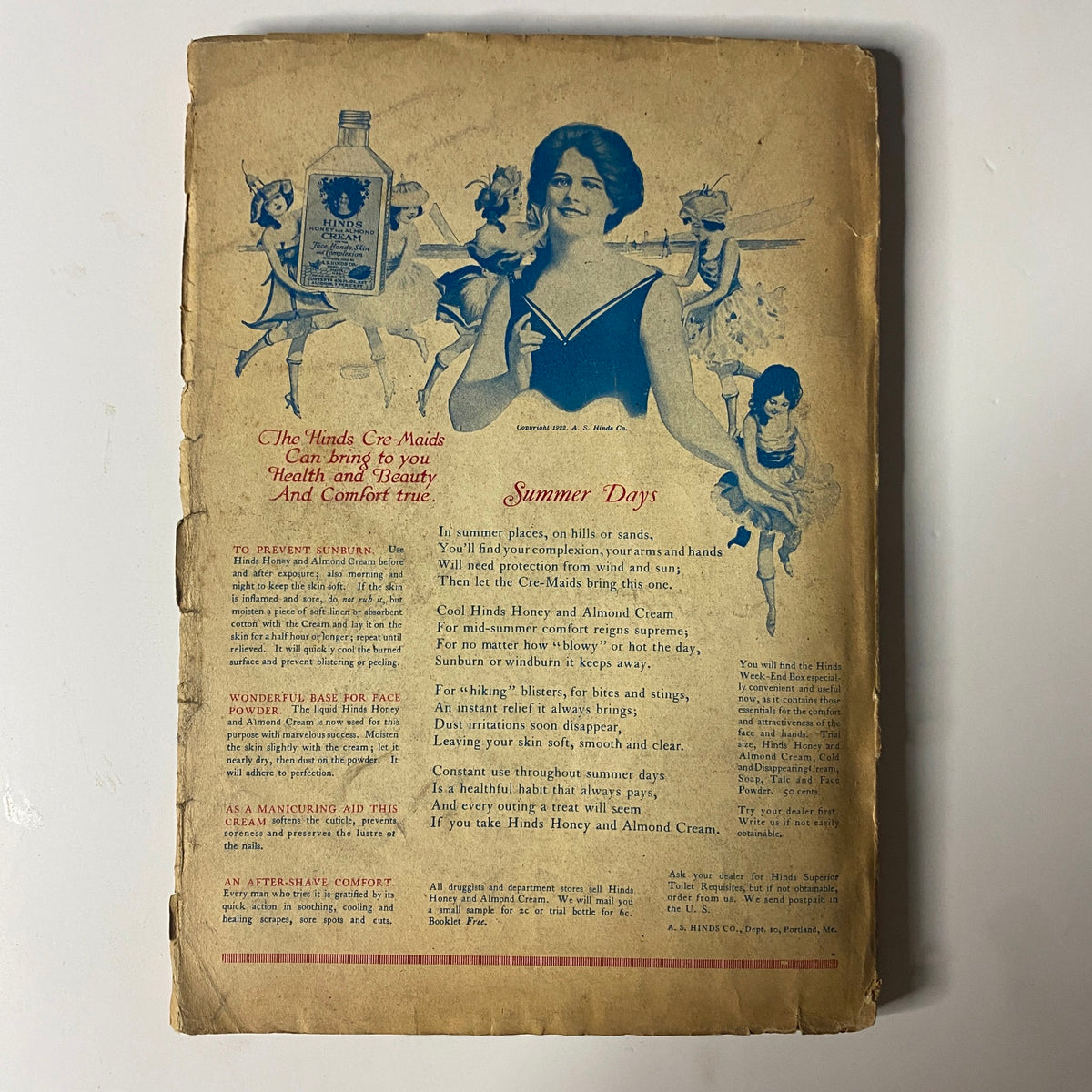 Back cover advertisement from Argosy All-Story Weekly Pulp Magazine July 8, 1922, featuring health and beauty products, promoting Almond Cream, with an illustration of a woman and fairies, emphasizing summer skin care.