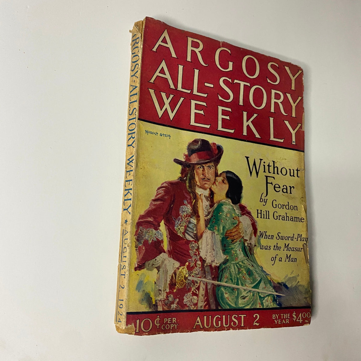 Side view of Argosy All-Story Weekly Pulp Magazine, August 2, 1924, titled 'Without Fear' by Gordon Hill Grahame, showcasing the magazine's vintage cover art and details.