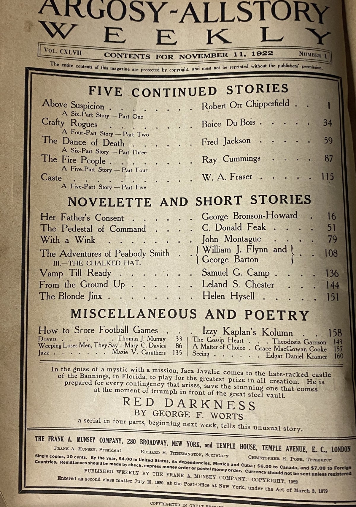 Table of contents page from Argosy All-Story Weekly, November 11, 1922, listing featured stories including 'Above Suspicion' by Robert Orr Chipperfield and various novelettes and short stories.