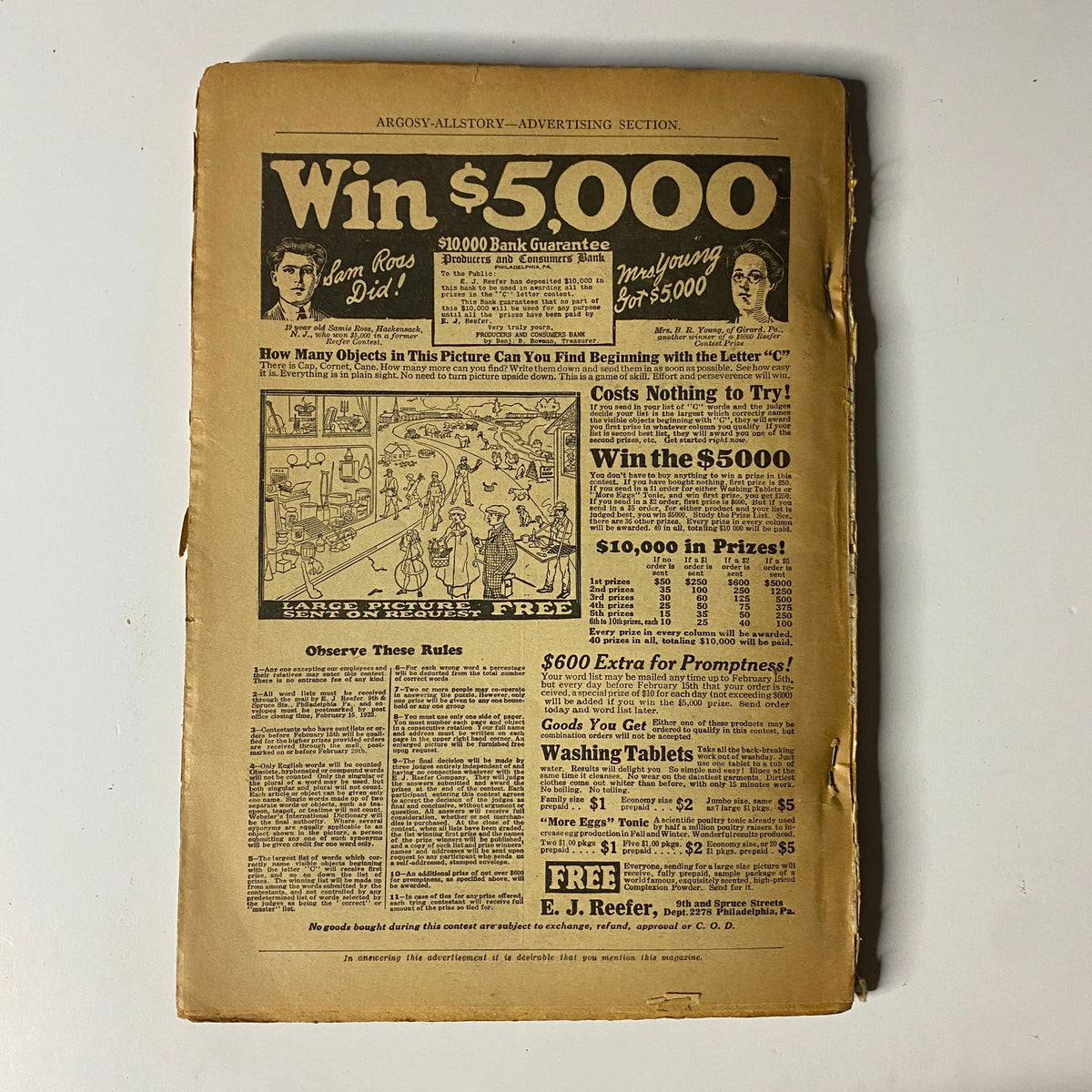 Back advertising page of Argosy All-Story Weekly, November 11, 1922, showcasing a promotion for a $5,000 prize and other advertisements, reflecting the magazine's vintage design.