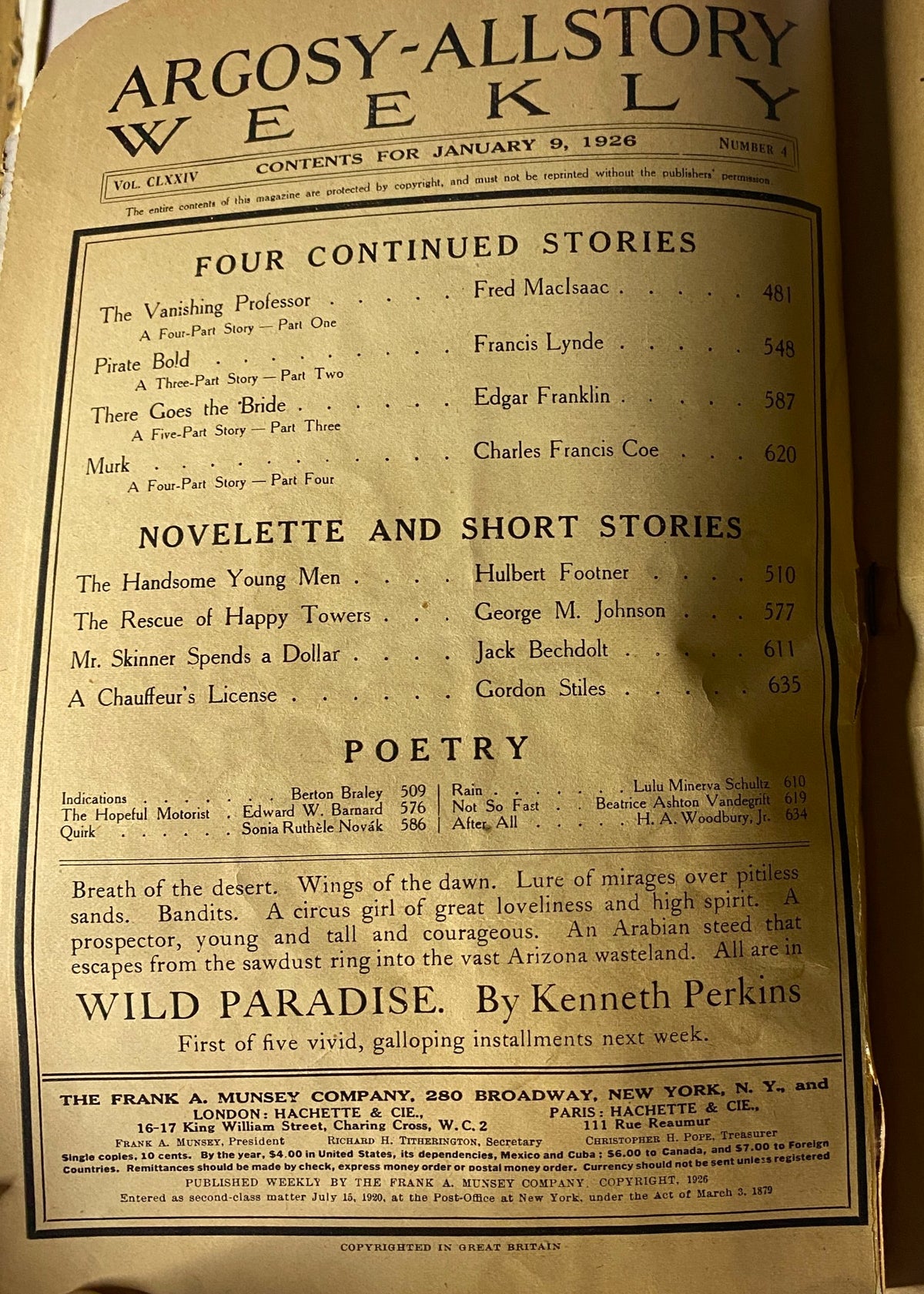 Inside page of Argosy All-Story Weekly magazine from January 9, 1926, detailing the table of contents, including 'The Vanishing Professor' and other featured stories.