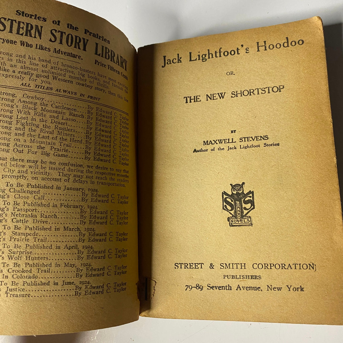 Interior page of 'Jack Lightfoot's Hoodoo' showing the title and publication details by Maxwell Stevens. This vintage pulp fiction reflects early 20th-century adventure stories.