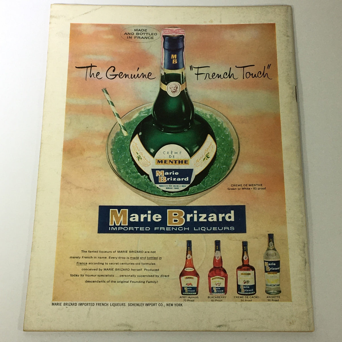 Back cover of VTG Gourmet: The Magazine of Good Living, August 1958, showcasing an advertisement for Marie Brizard imported French liqueurs, featuring a bottle of Crème de Menthe and a colorful green drink.