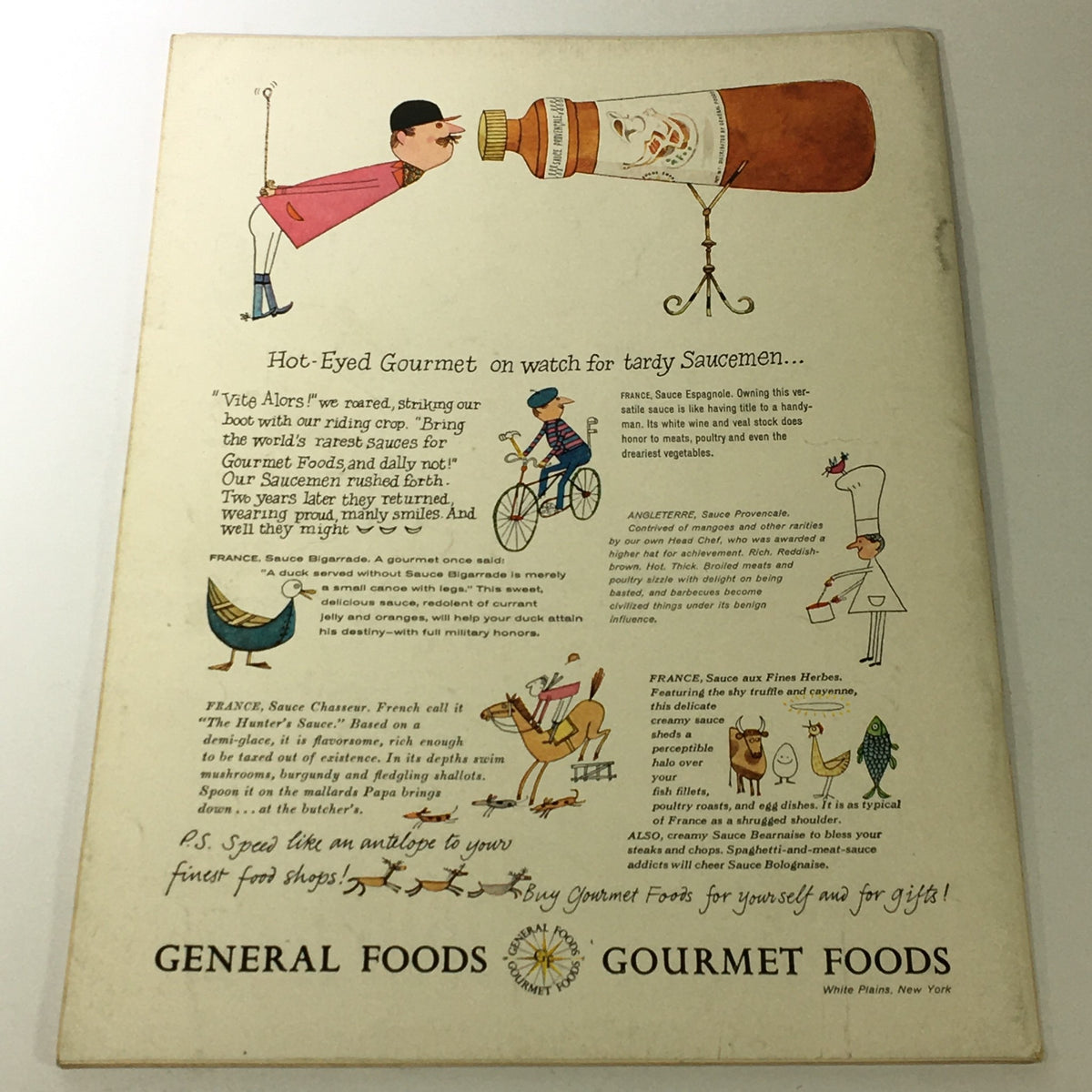 VTG Gourmet Magazine - Apricots in the Bloom, February 1958 back cover showcasing an illustrated advertisement for General Foods Gourmet Foods with whimsical characters and culinary themes.