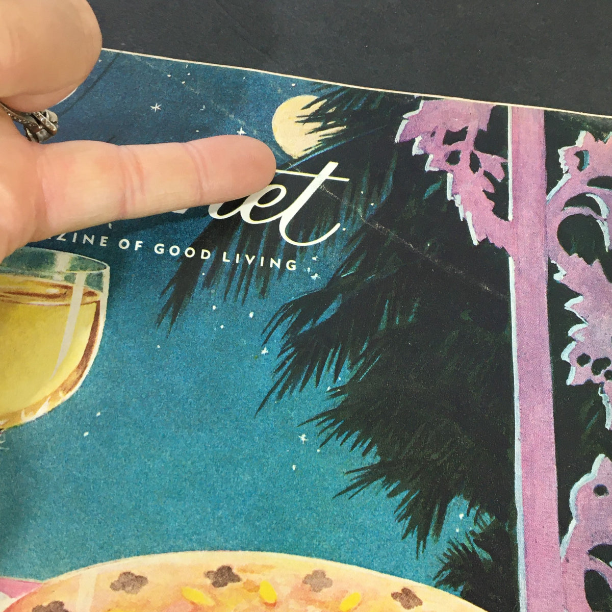 Cover of VTG Gourmet The Magazine of Good Living August 1959, featuring colorful art with a moon and palm trees.