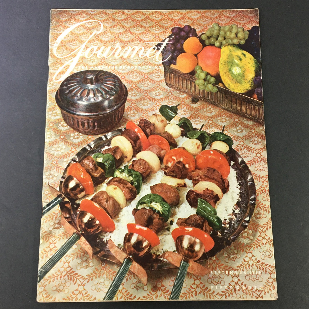 Cover of VTG Gourmet: The Magazine of Good Living, September 1959, featuring a vibrant platter of skewers with grilled meat and vegetables, showcasing the theme 'The Edible Mirage'.