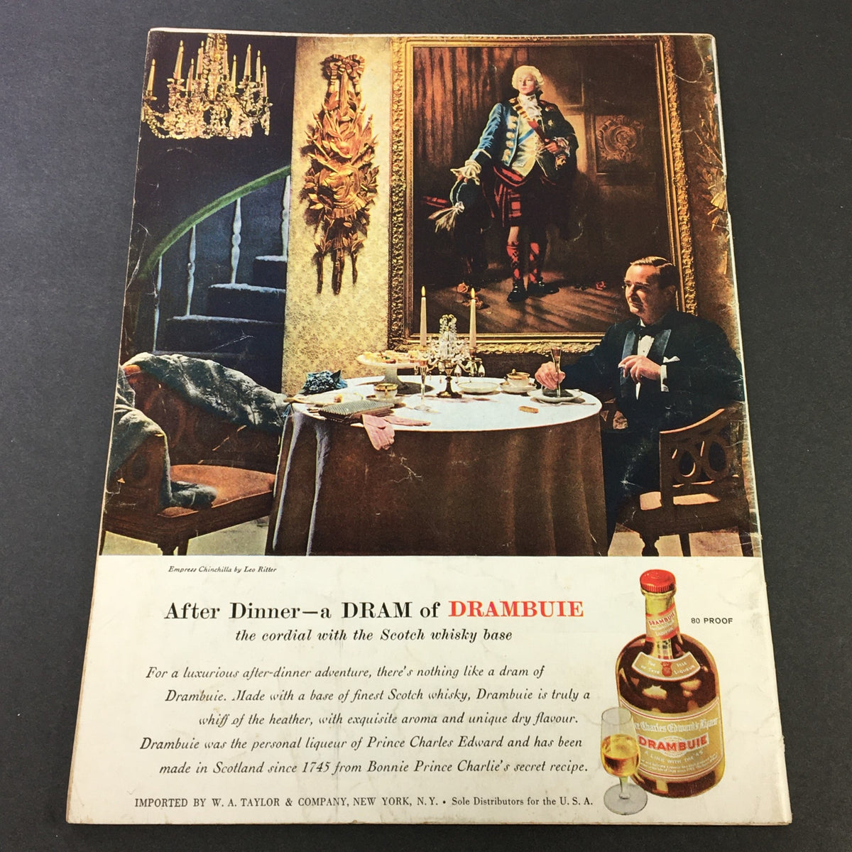 Back cover of VTG Gourmet: The Magazine of Good Living, September 1959, highlighting an elegant dining scene with a man in formal attire, promoting Drambuie with a rich portrayal of a historic setting.