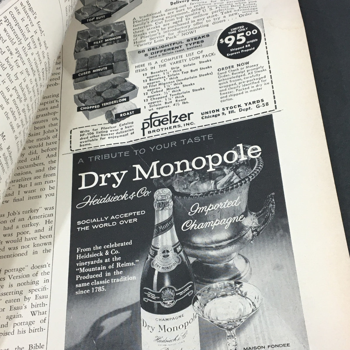 An interior page from VTG Gourmet The Magazine of Good Living May 1958 illustrating an advertisement for Dry Monopole champagne, showcasing classic 1950s culinary culture.