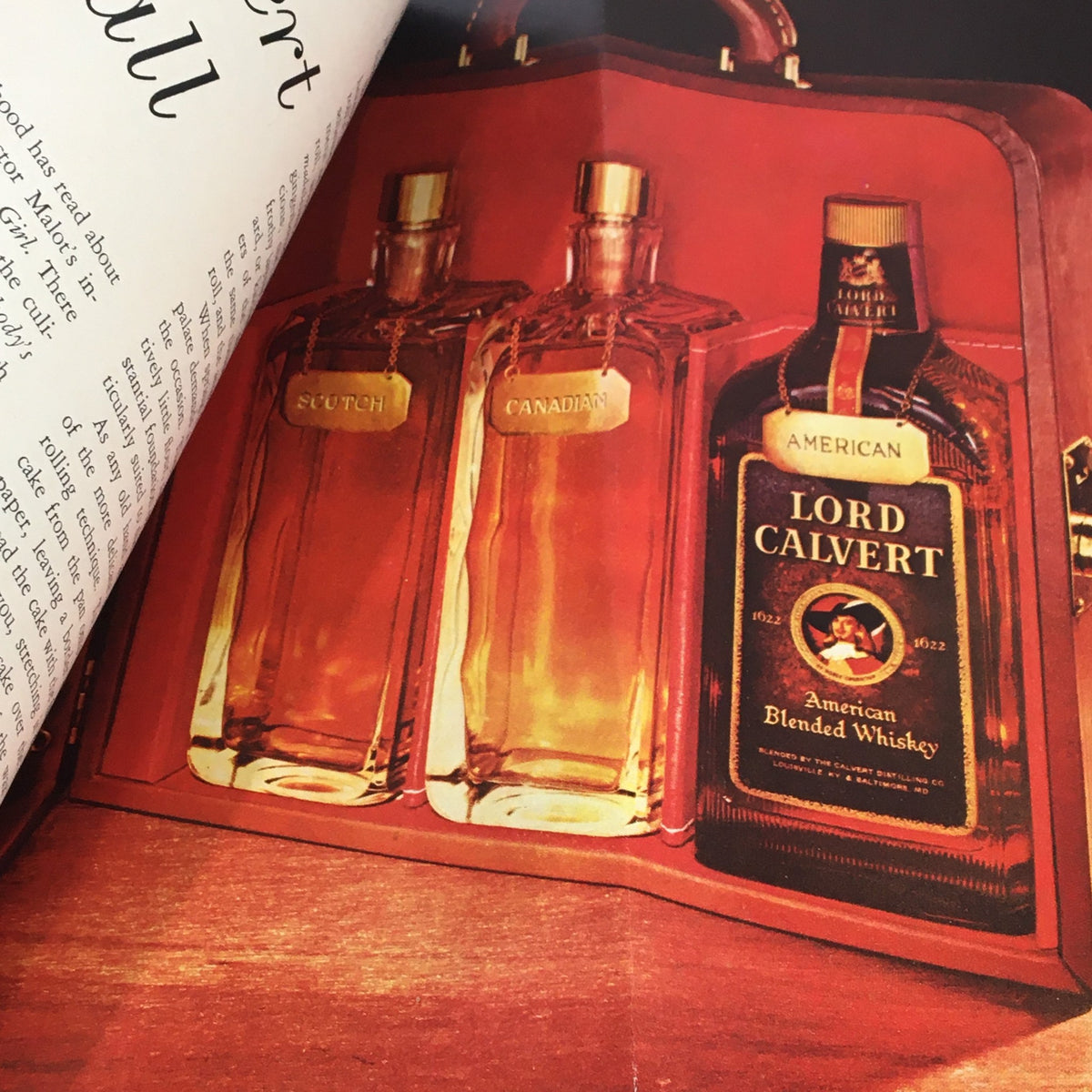 Another interior page from VTG Gourmet The Magazine of Good Living May 1958 featuring a display of whiskey bottles, highlighting the drink trends of the 1950s.