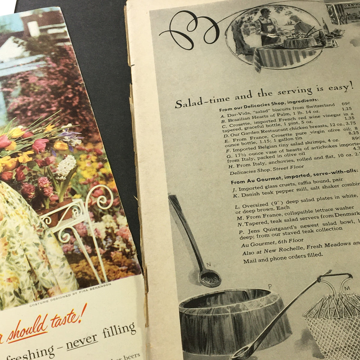 Inside page of VTG Gourmet Magazine from May 1958, featuring a colorful floral design and culinary ingredient list for salads, highlighting the vintage charm of the issue titled 'The Frost is on the Julep'.