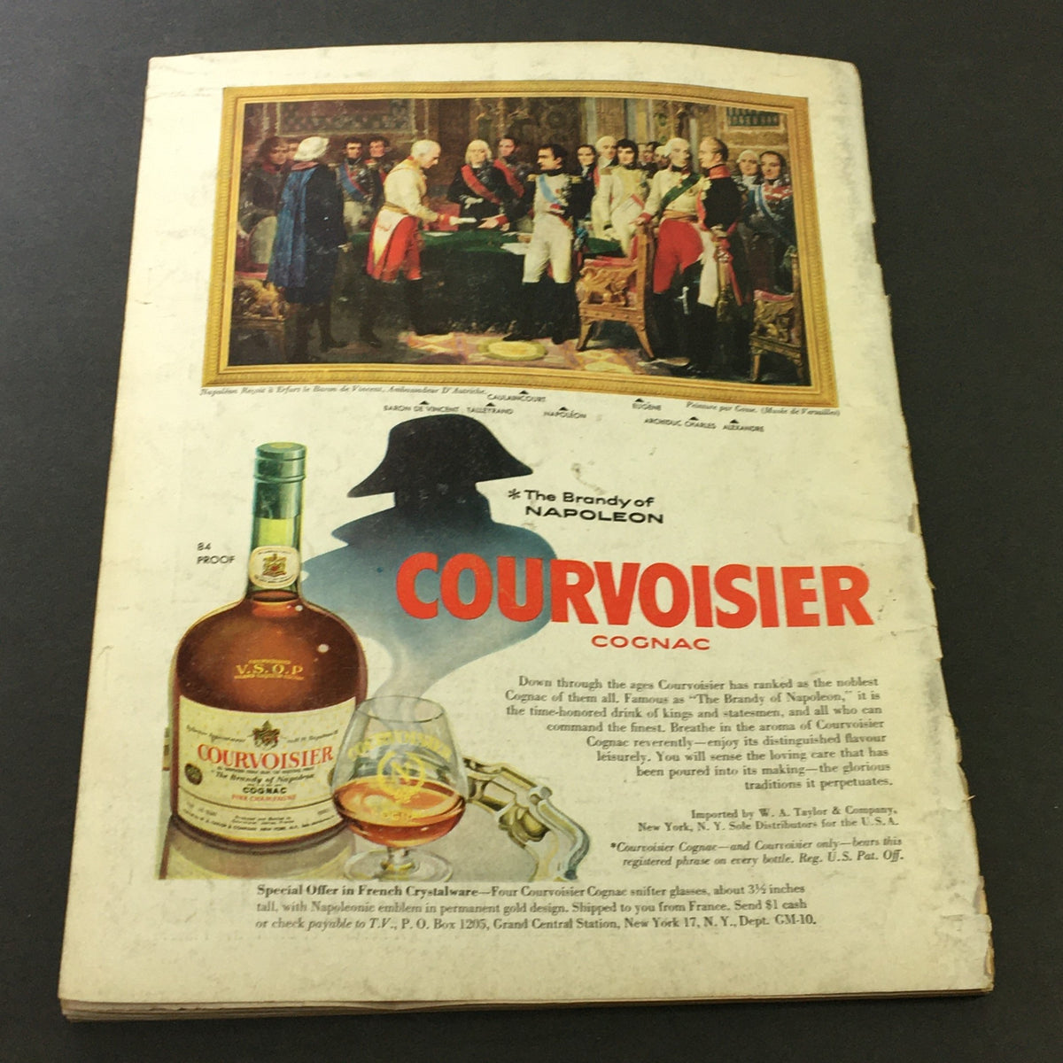 Back cover of VTG Gourmet Magazine May 1958, showcasing an advertisement for Courvoisier Cognac with a historical painting, representing the iconic mid-century elegance featured in 'The Frost is on the Julep'.