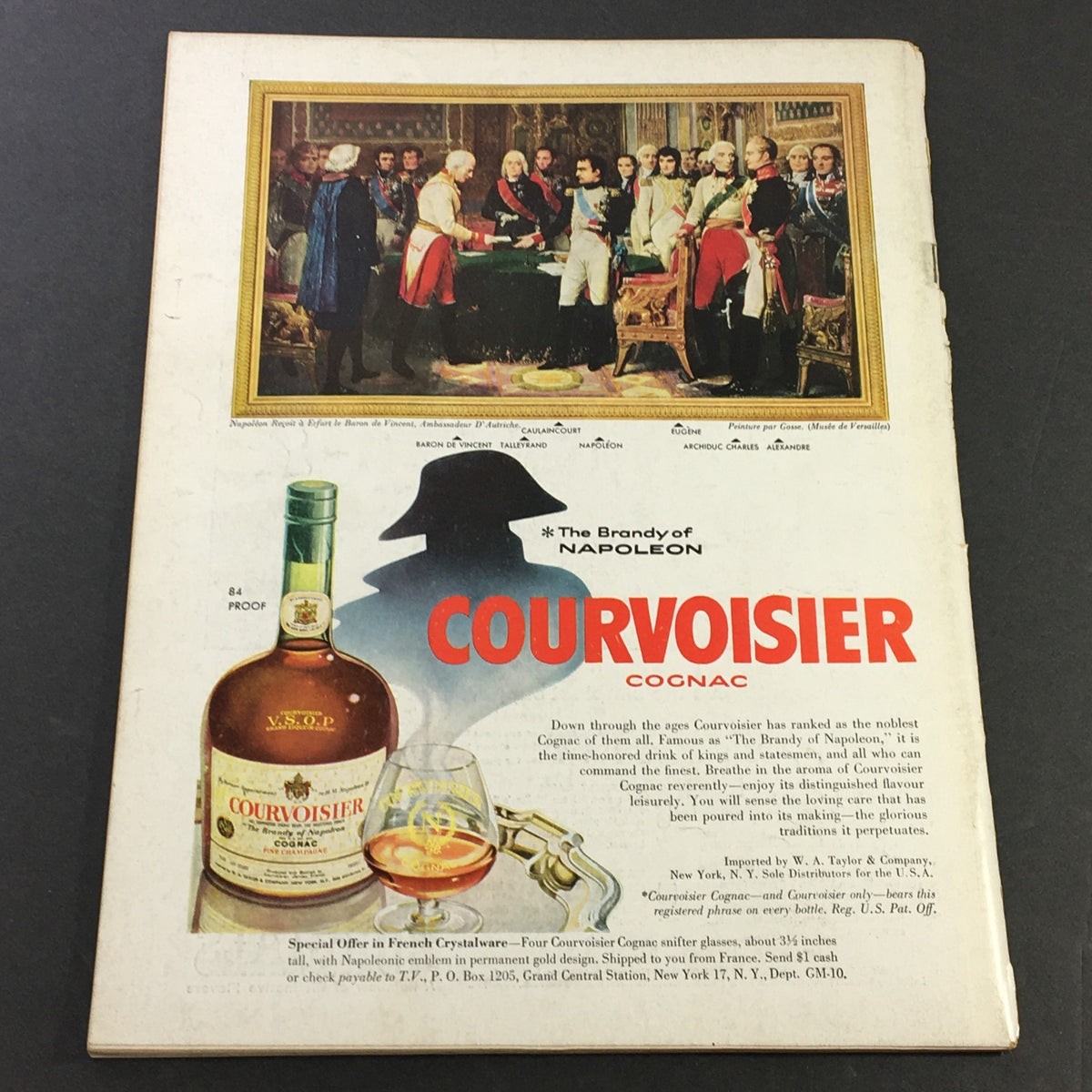Back cover of VTG Gourmet Magazine, May 1958, showcasing a Courvoisier Cognac advertisement with a historical painting and product details.